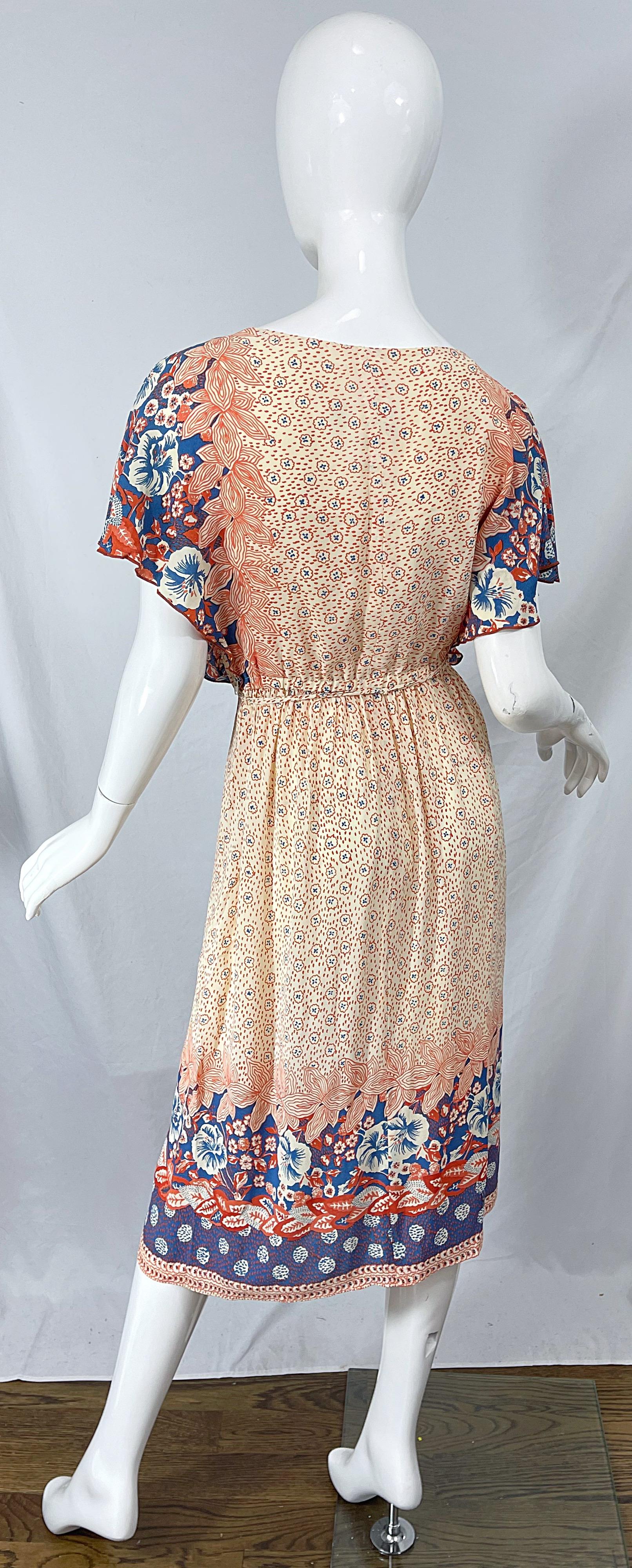 1970s Victor Costa Cold Shoulder Flower Print Vintage 70s Rayon Boho Dress For Sale 1