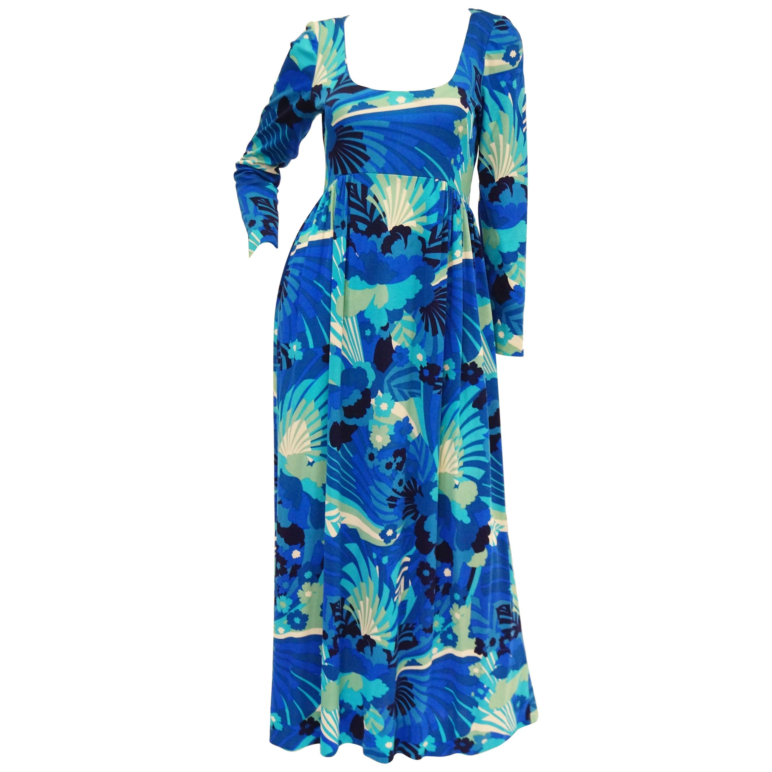 1970s Victor Costa Funky Blue Floral Knit Maxi Dress For Sale