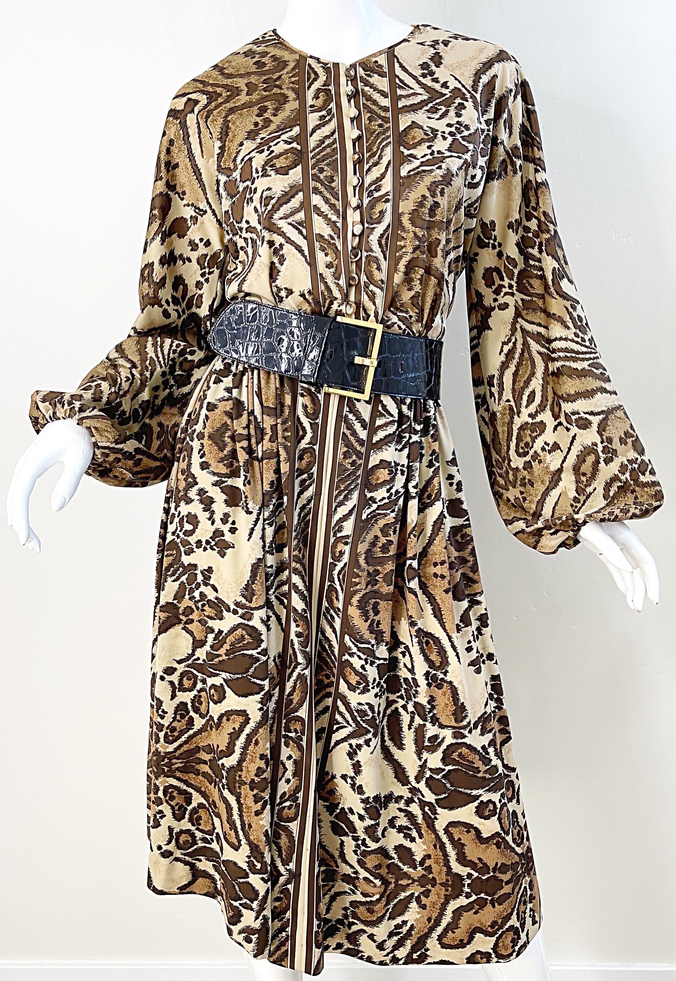 1970s Victor Costa Leopard Safari Animal Print Long Sleeve Vintage 70s Dress For Sale 3