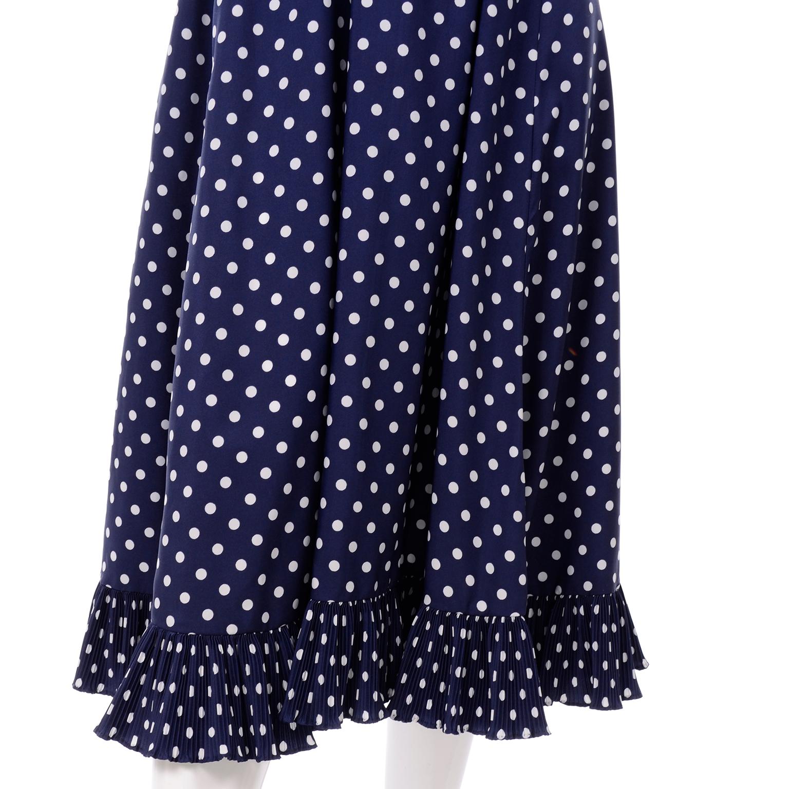 1970s Victor Costa Navy Blue & White Polka Dot Vintage Dress With Ruffles For Sale 2