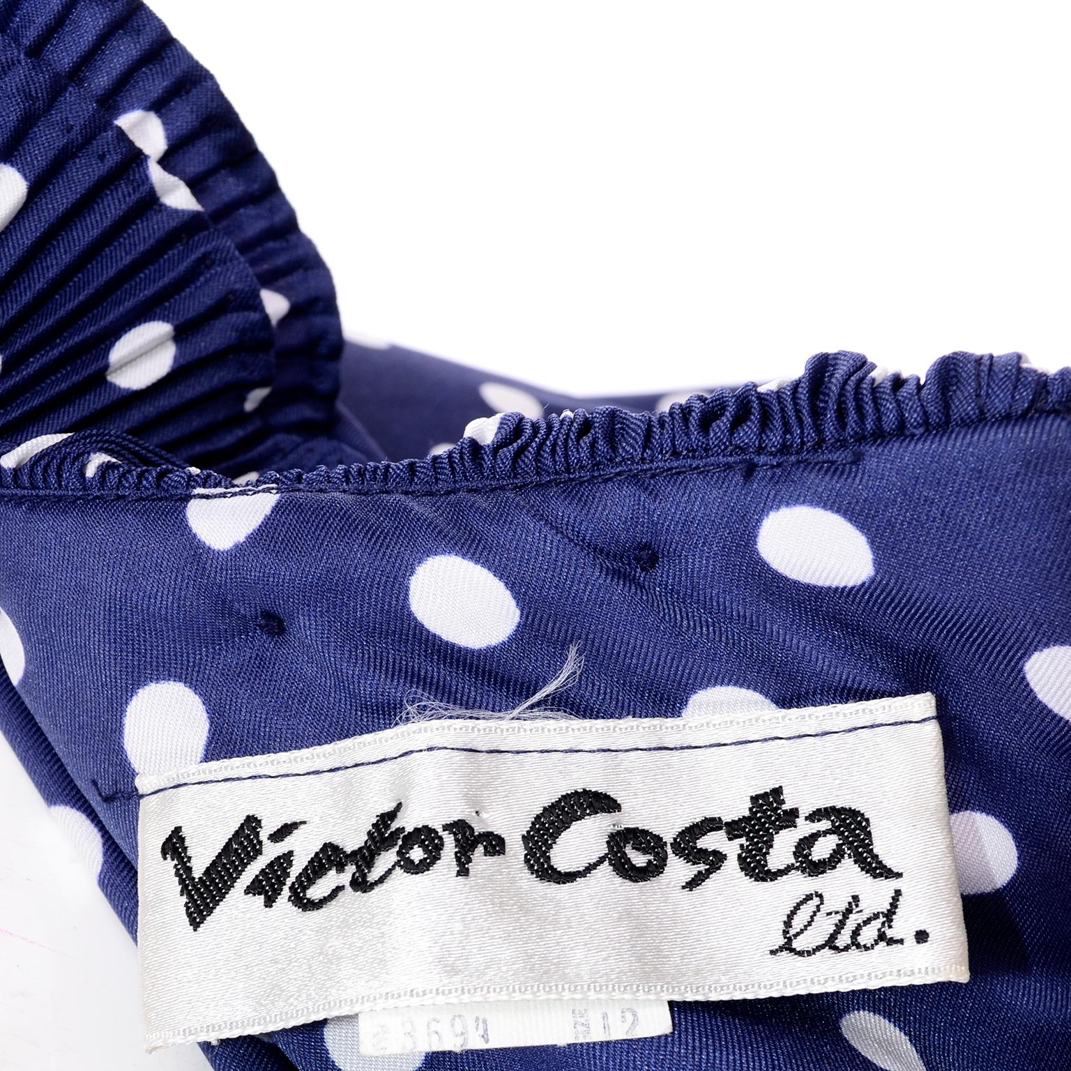 1970s Victor Costa Navy Blue & White Polka Dot Vintage Dress With Ruffles 3