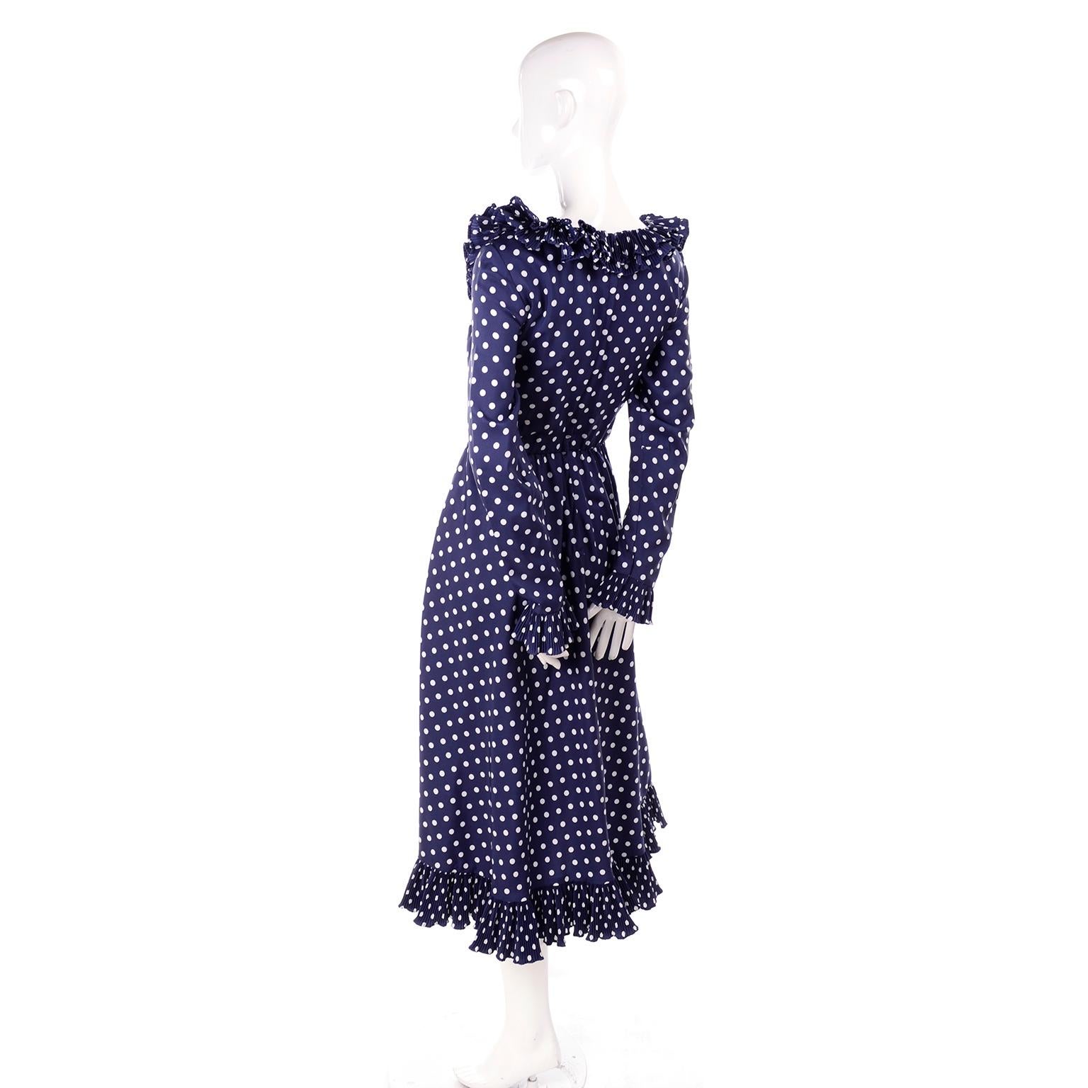 1970s Victor Costa Navy Blue and White Polka Dot Vintage Dress With ...
