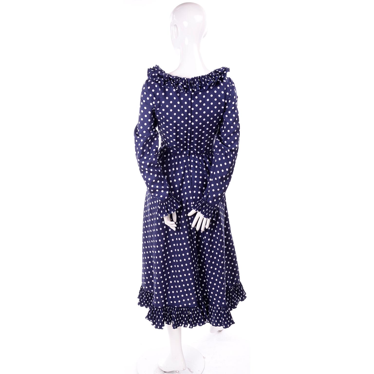 Black 1970s Victor Costa Navy Blue & White Polka Dot Vintage Dress With Ruffles For Sale