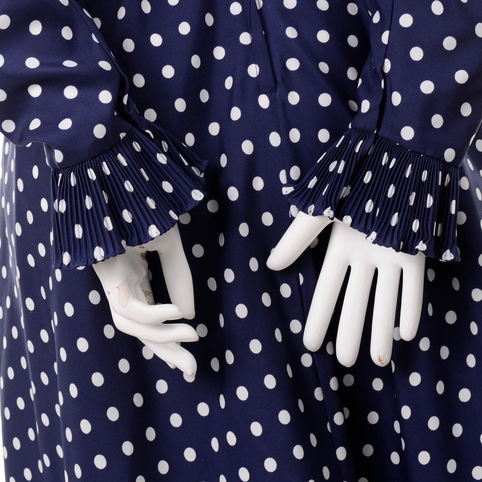 Women's 1970s Victor Costa Navy Blue & White Polka Dot Vintage Dress With Ruffles