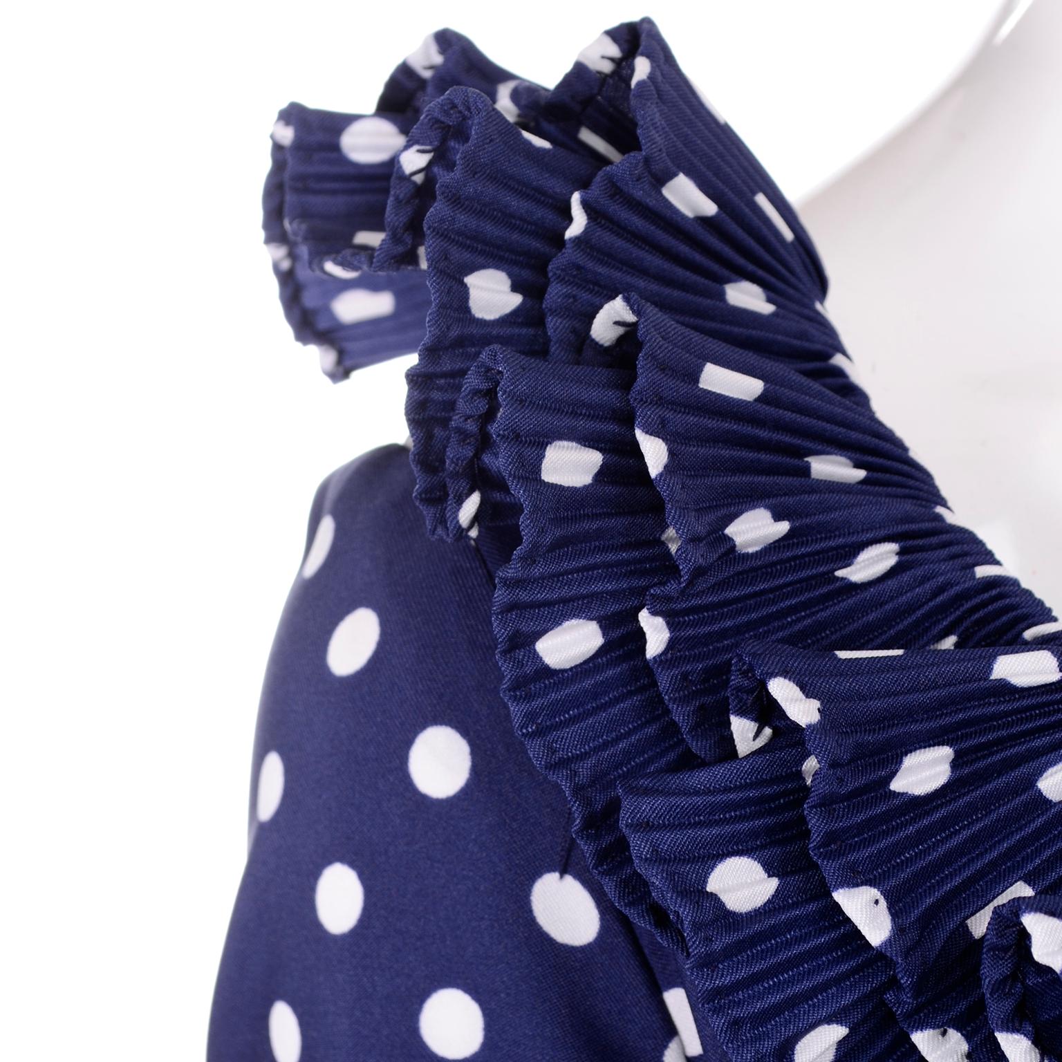1970s Victor Costa Navy Blue & White Polka Dot Vintage Dress With Ruffles For Sale 1