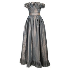 1970's Victor Costa Olive Green Strapless Taffeta Gown