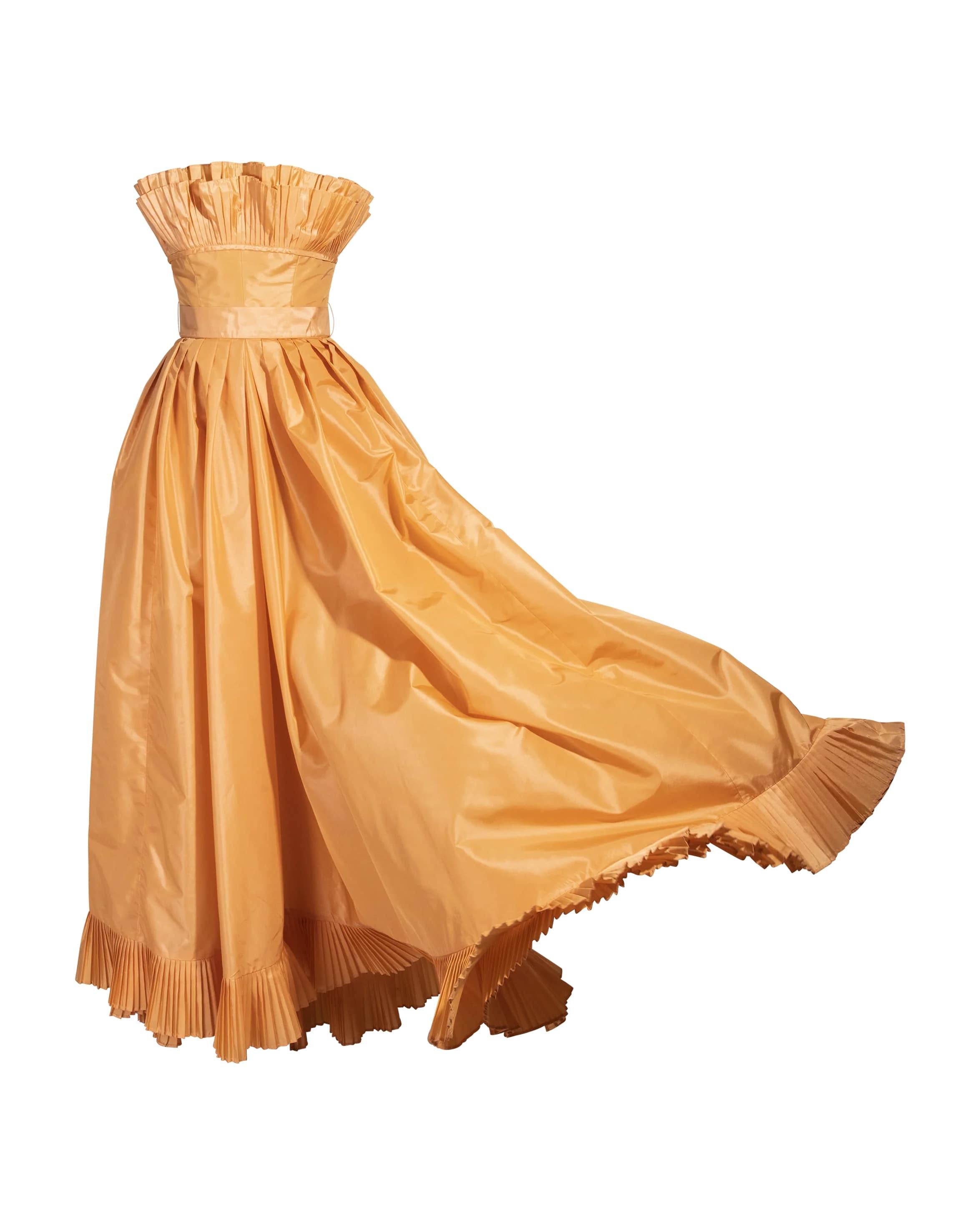 Women's 1970's Victor Costa Orange Taffeta Strapless Gown