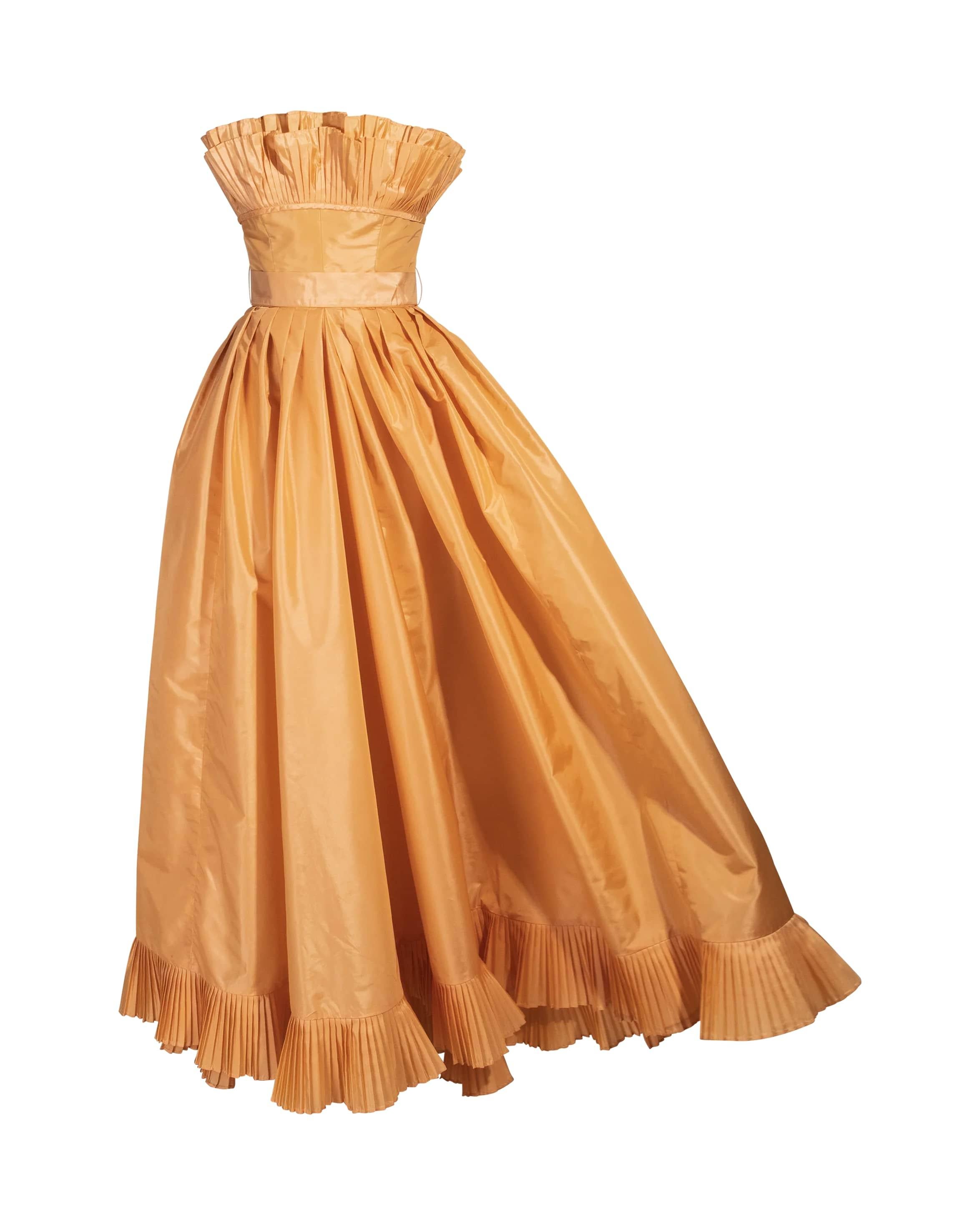 1970's Victor Costa Orange Taffeta Strapless Gown 1