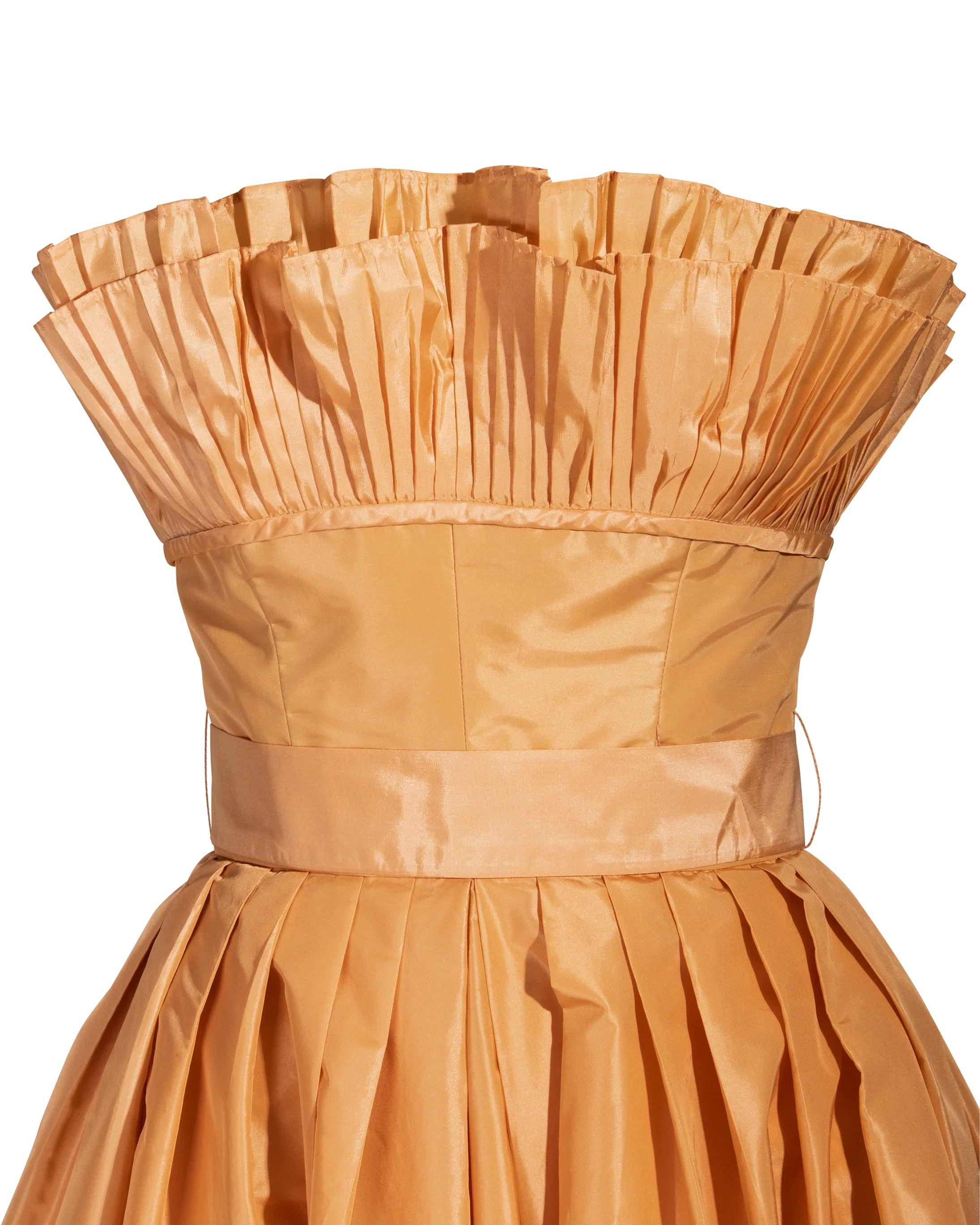 1970's Victor Costa Orange Taffeta Strapless Gown 2
