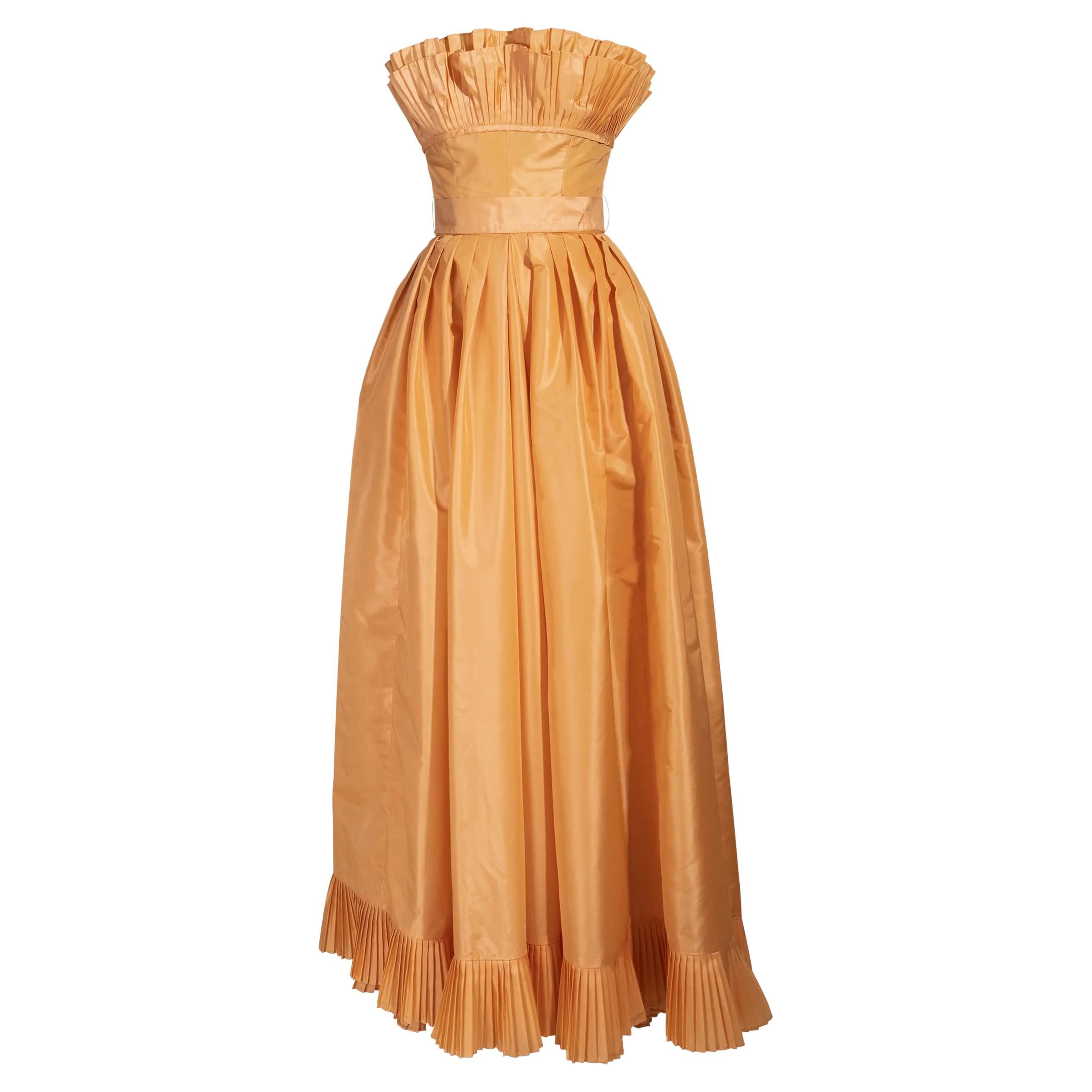 1970's Victor Costa Orange Taffeta Strapless Gown