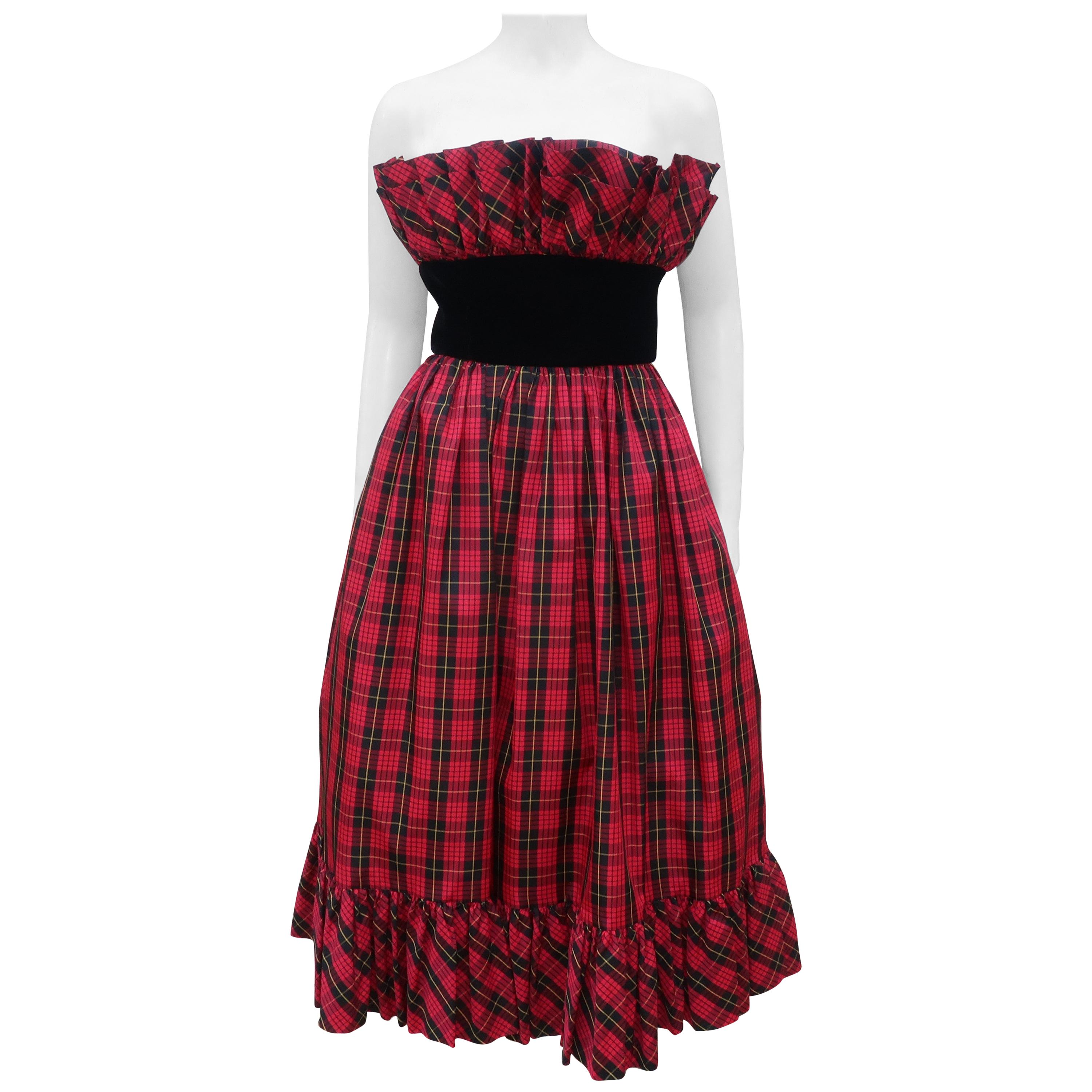 1970’s Victor Costa Plaid Taffeta 
Velvet Strapless Evening Dress