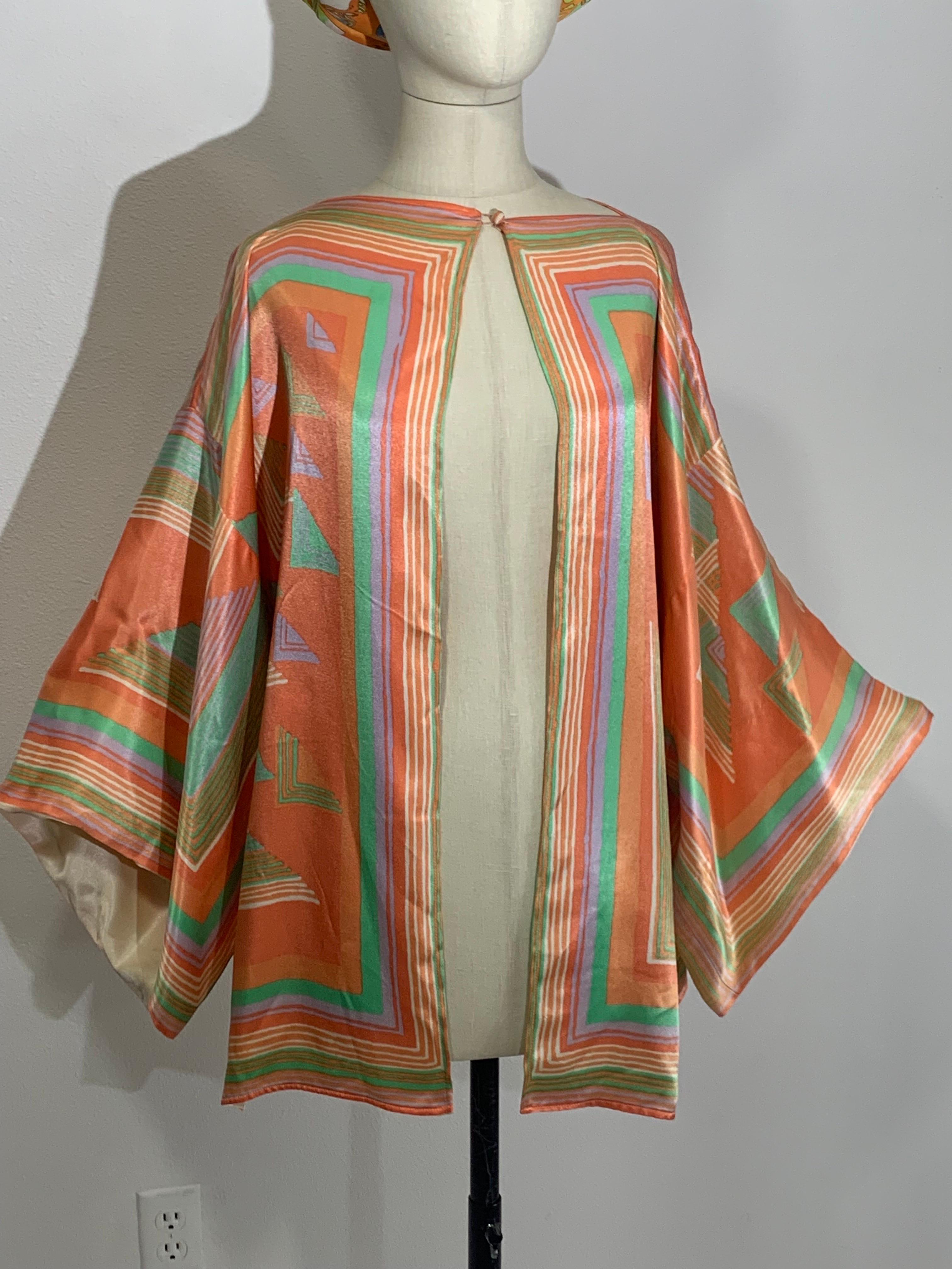 Women's 1970s Victor Costa Slipper Satin Deco-Revival Pastel Kimono Top Jacket For Sale