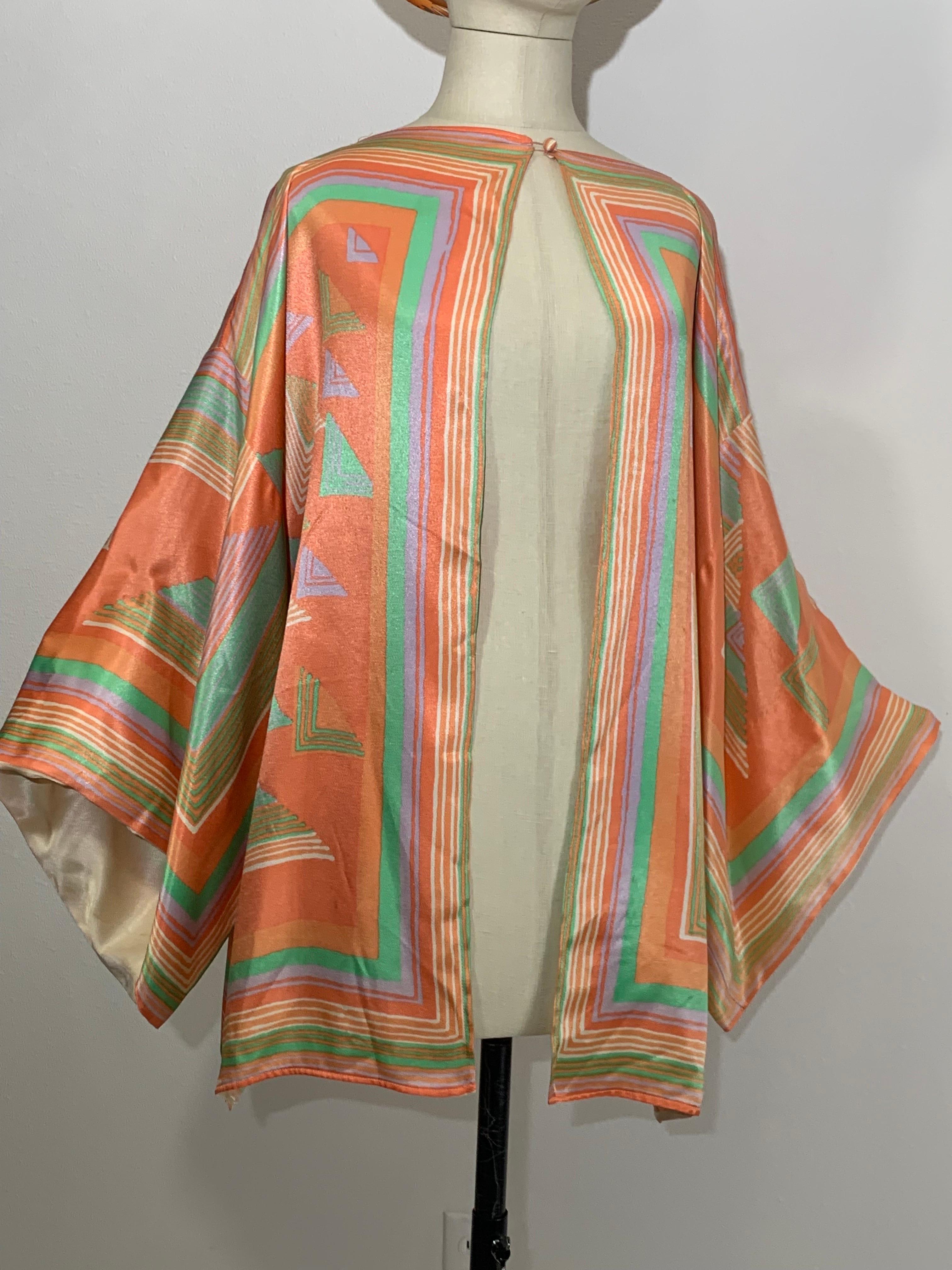 1970s Victor Costa Slipper Satin Deco-Revival Pastel Kimono Top Jacket For Sale 1