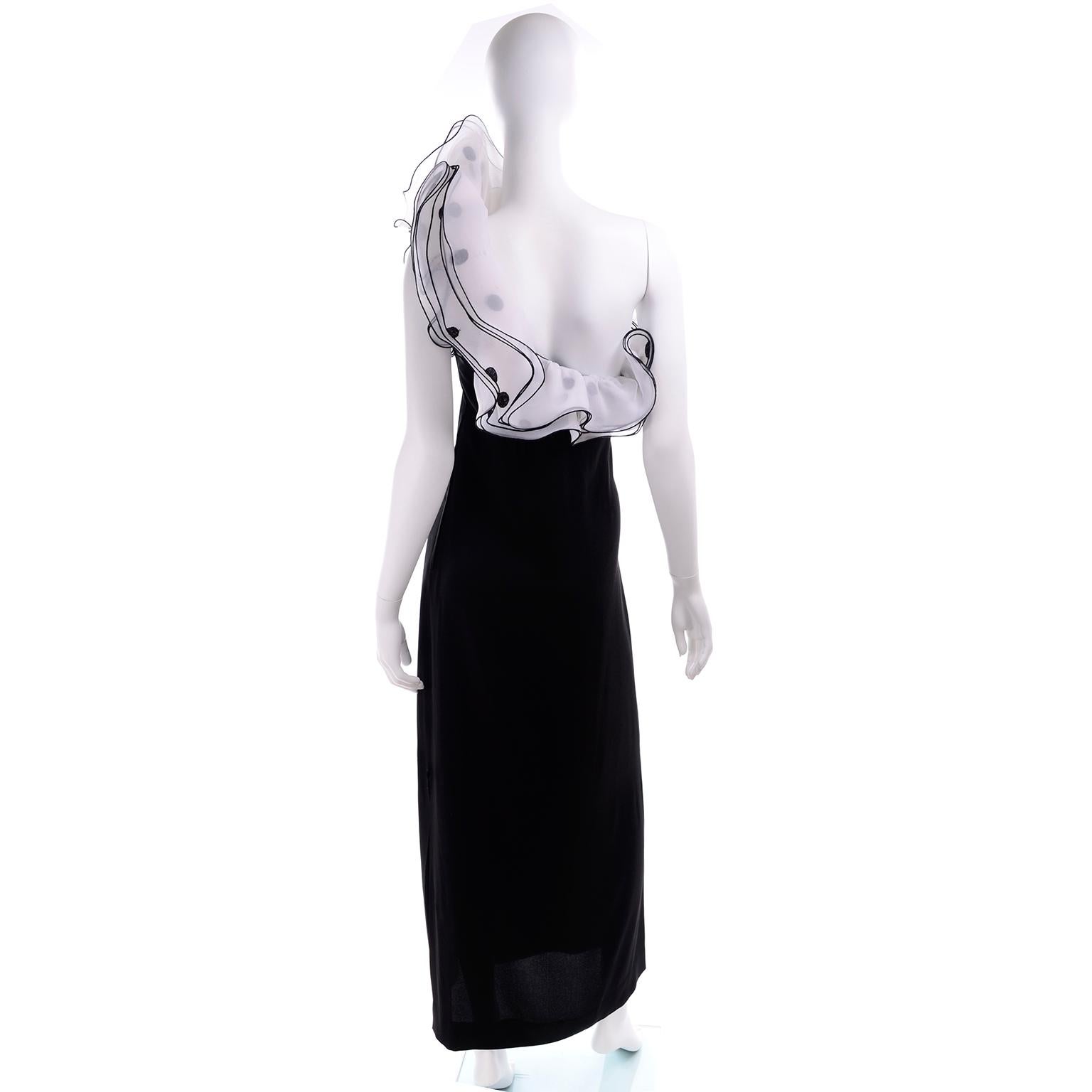 1970s Victor Costa Vintage Long Black Evening Dress W/ Polka Dot Organza Ruffles In Excellent Condition In Portland, OR