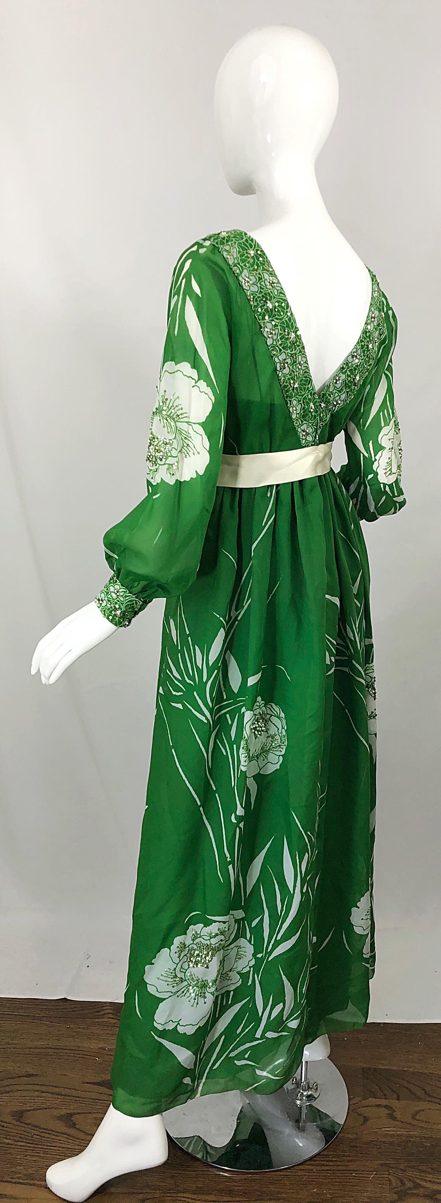 1970s Victoria Royal Kelly Green + White Abstract Floral Sequined Chiffon Gown For Sale 4