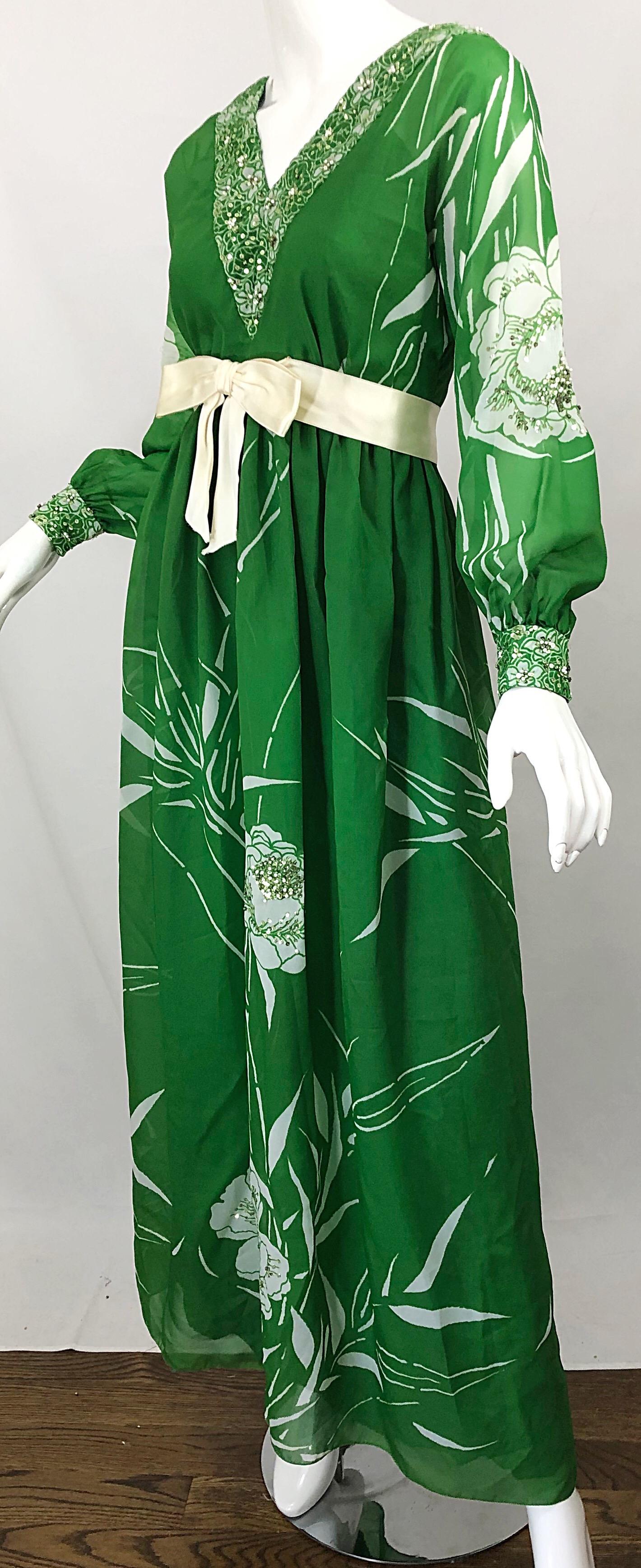1970s Victoria Royal Kelly Green + White Abstract Floral Sequined Chiffon Gown For Sale 5
