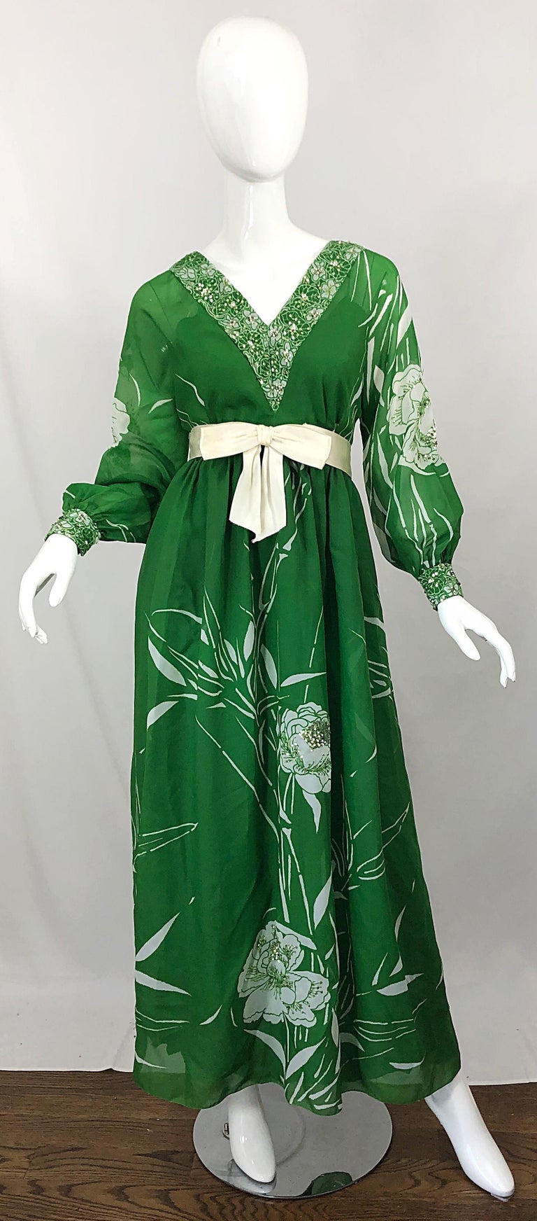 1970s Victoria Royal Kelly Green + White Abstract Floral Sequined Chiffon Gown 1970s Victoria Royal Kelly Green + White Abstract Floral Sequined Chiffon Gown
