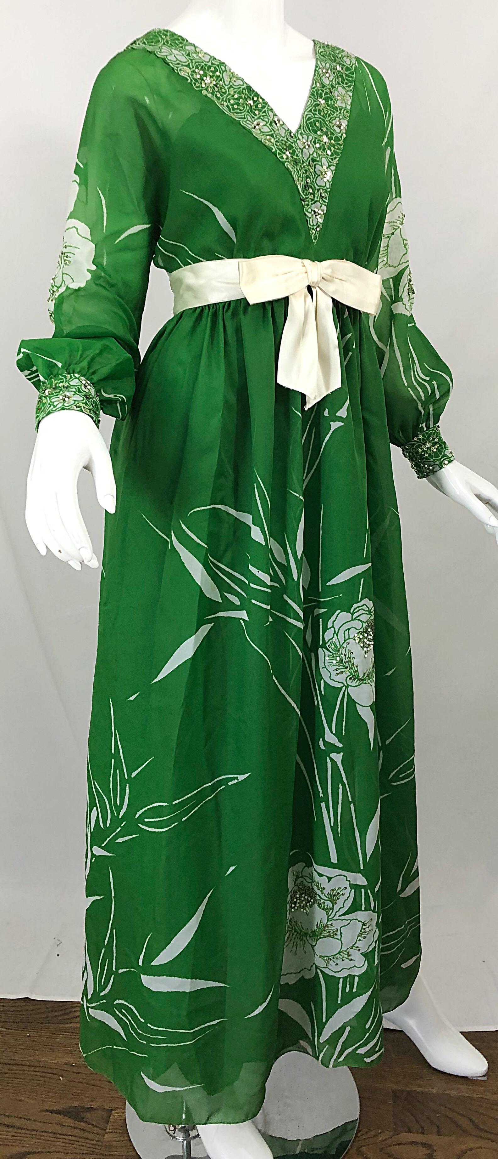 Women's 1970s Victoria Royal Kelly Green + White Abstract Floral Sequined Chiffon Gown For Sale