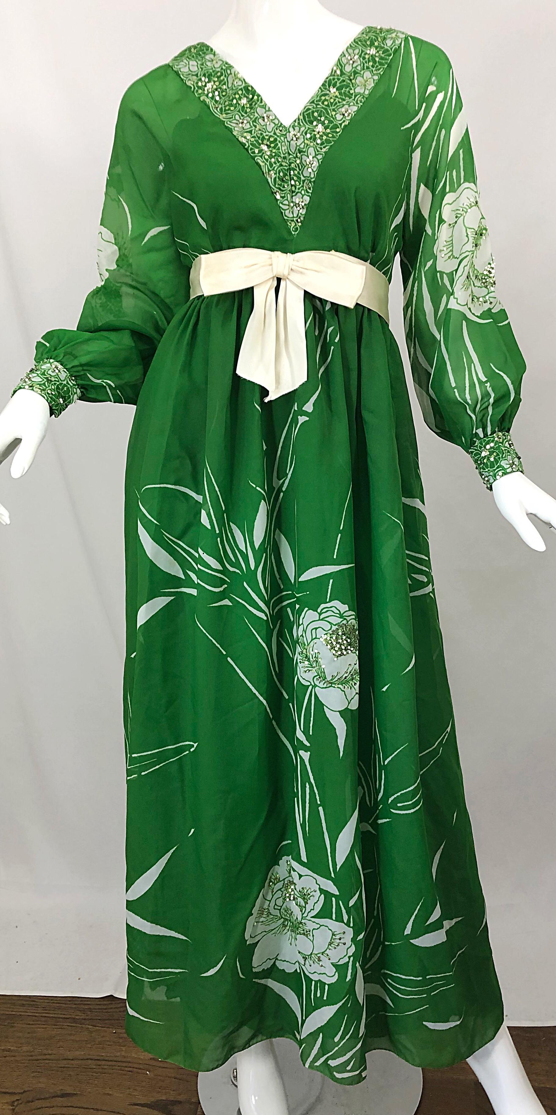 1970s Victoria Royal Kelly Green + White Abstract Floral Sequined Chiffon Gown For Sale 1