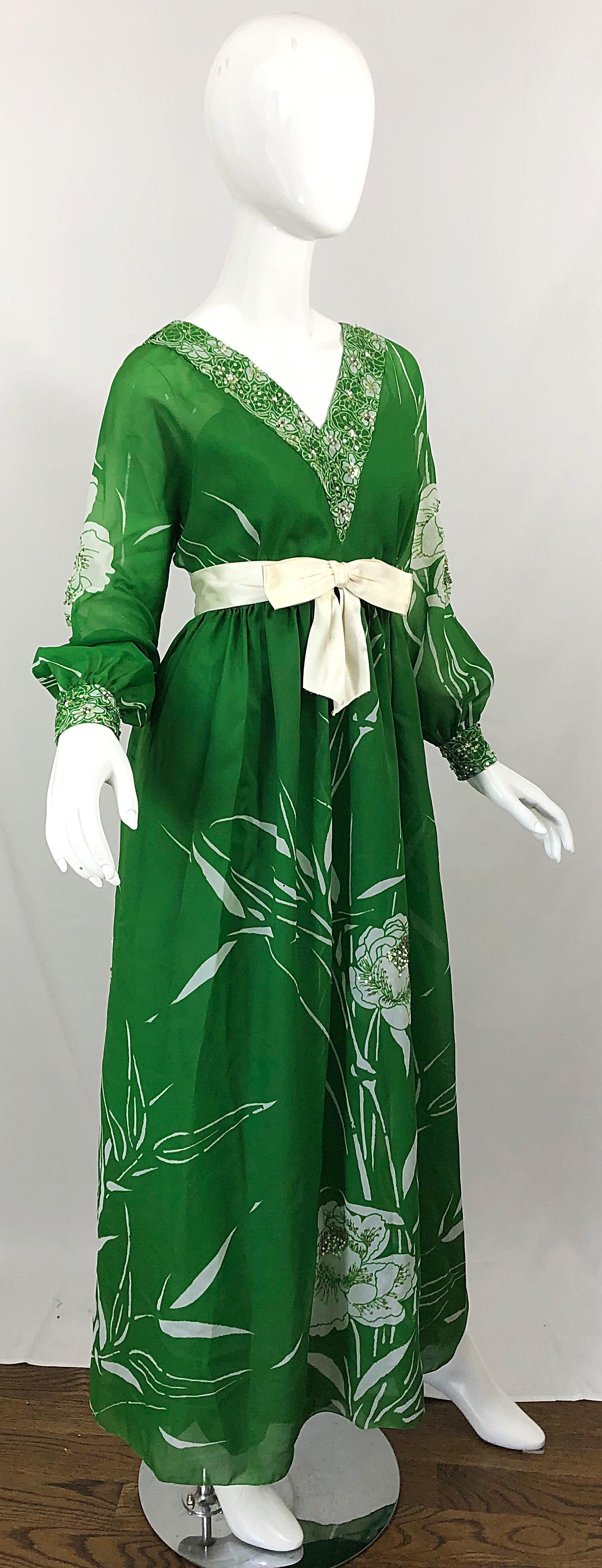 1970s Victoria Royal Kelly Green + White Abstract Floral Sequined Chiffon Gown For Sale 3