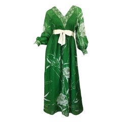 1970s Victoria Royal Kelly Green + White Abstract Floral Sequined Chiffon Gown
