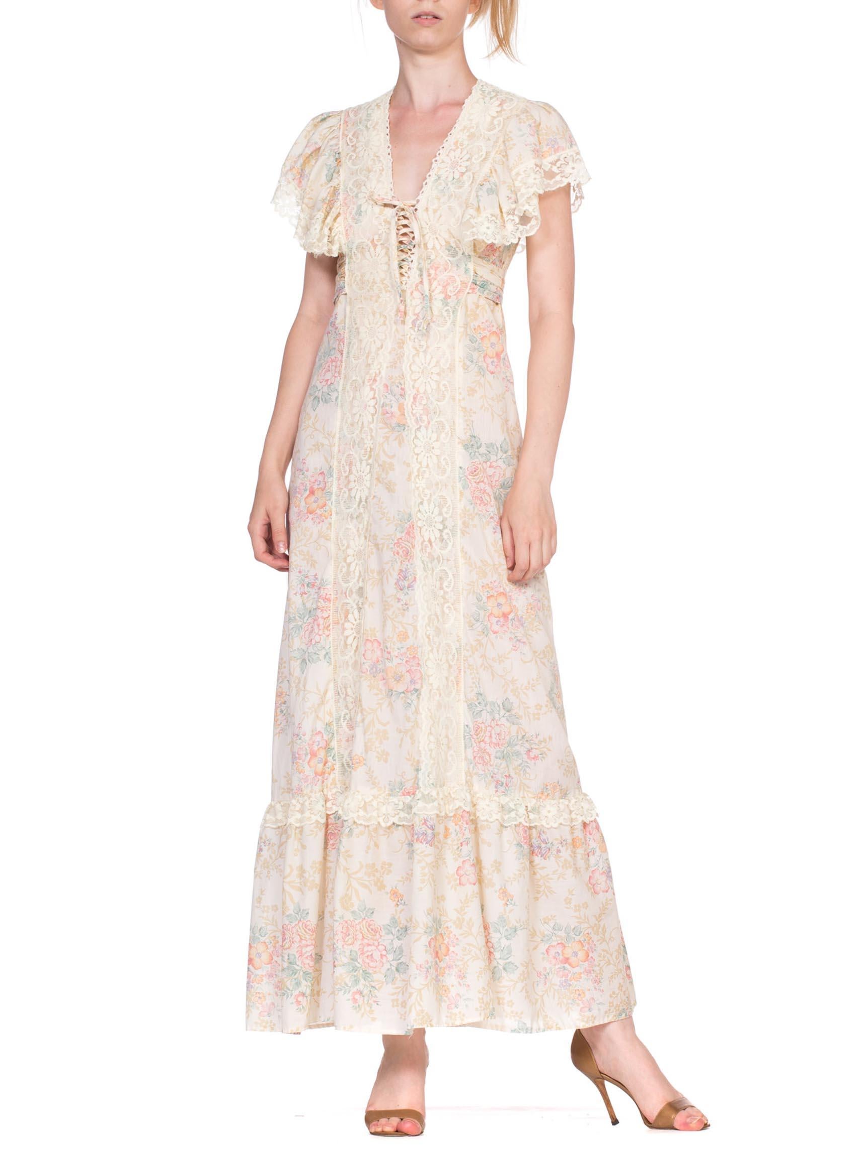 1970's Victorian Floral Cotton & Lace Dress 1