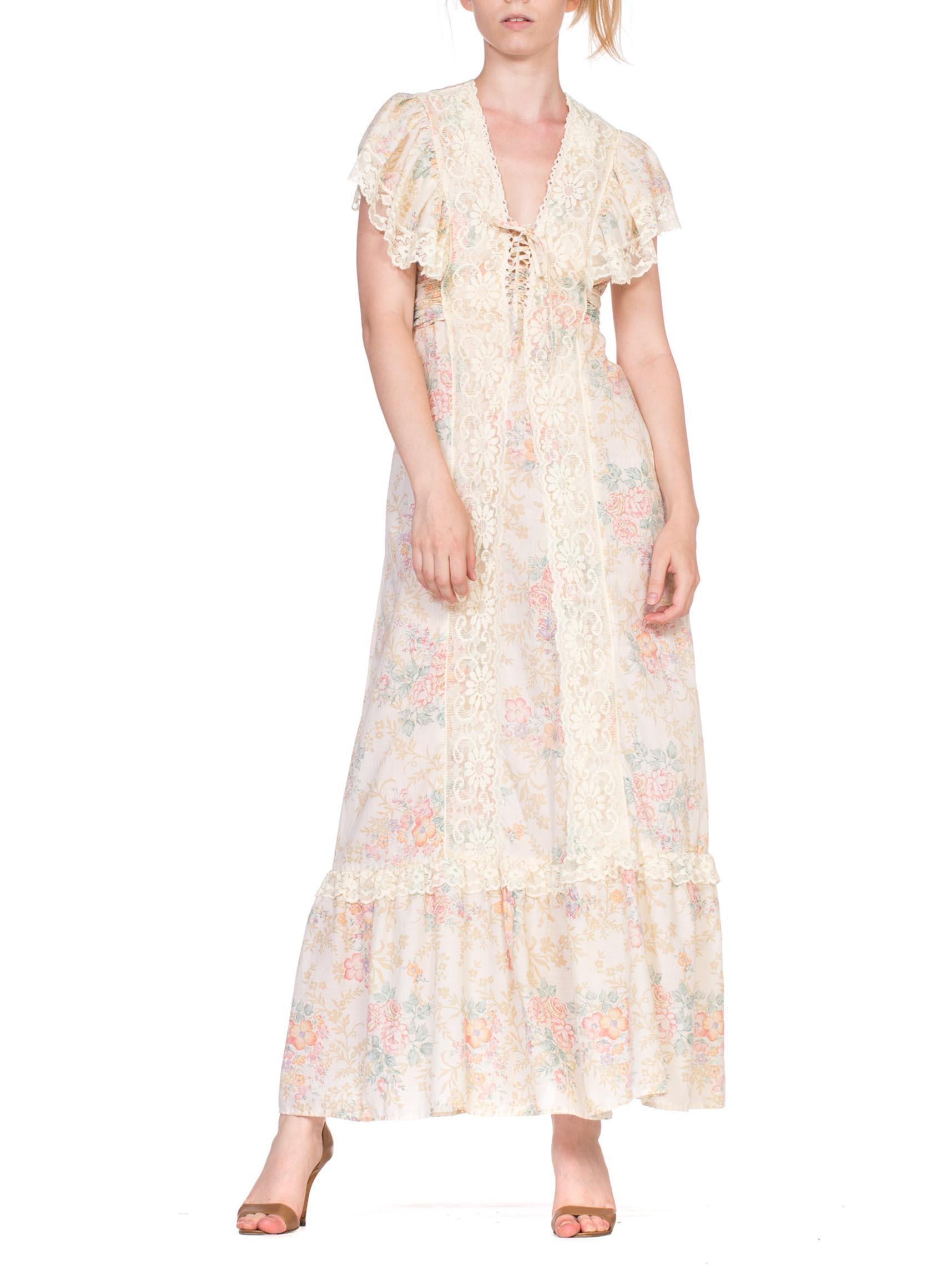 1970's Victorian Floral Cotton & Lace Dress 2