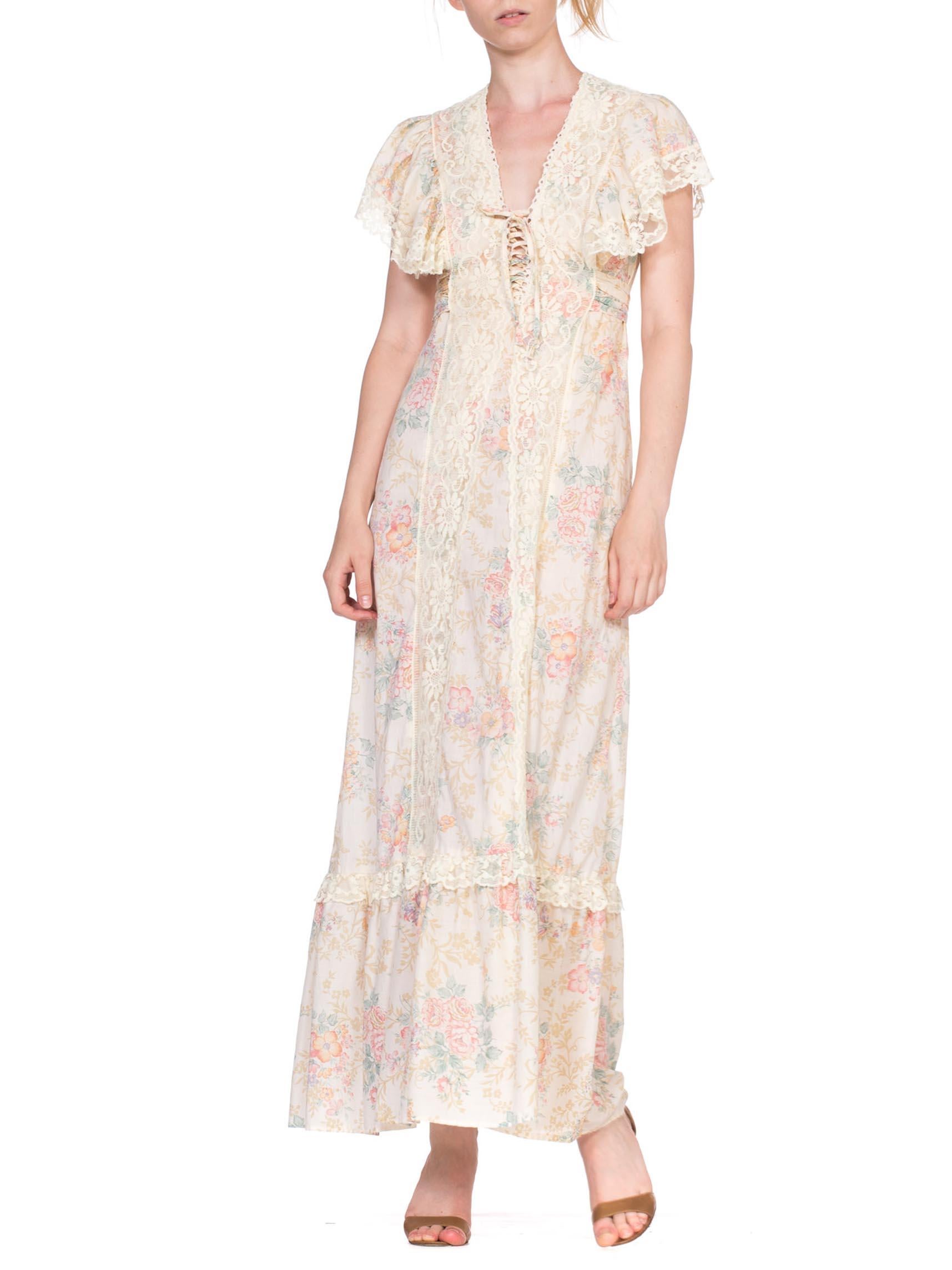 1970's Victorian Floral Cotton & Lace Dress 3