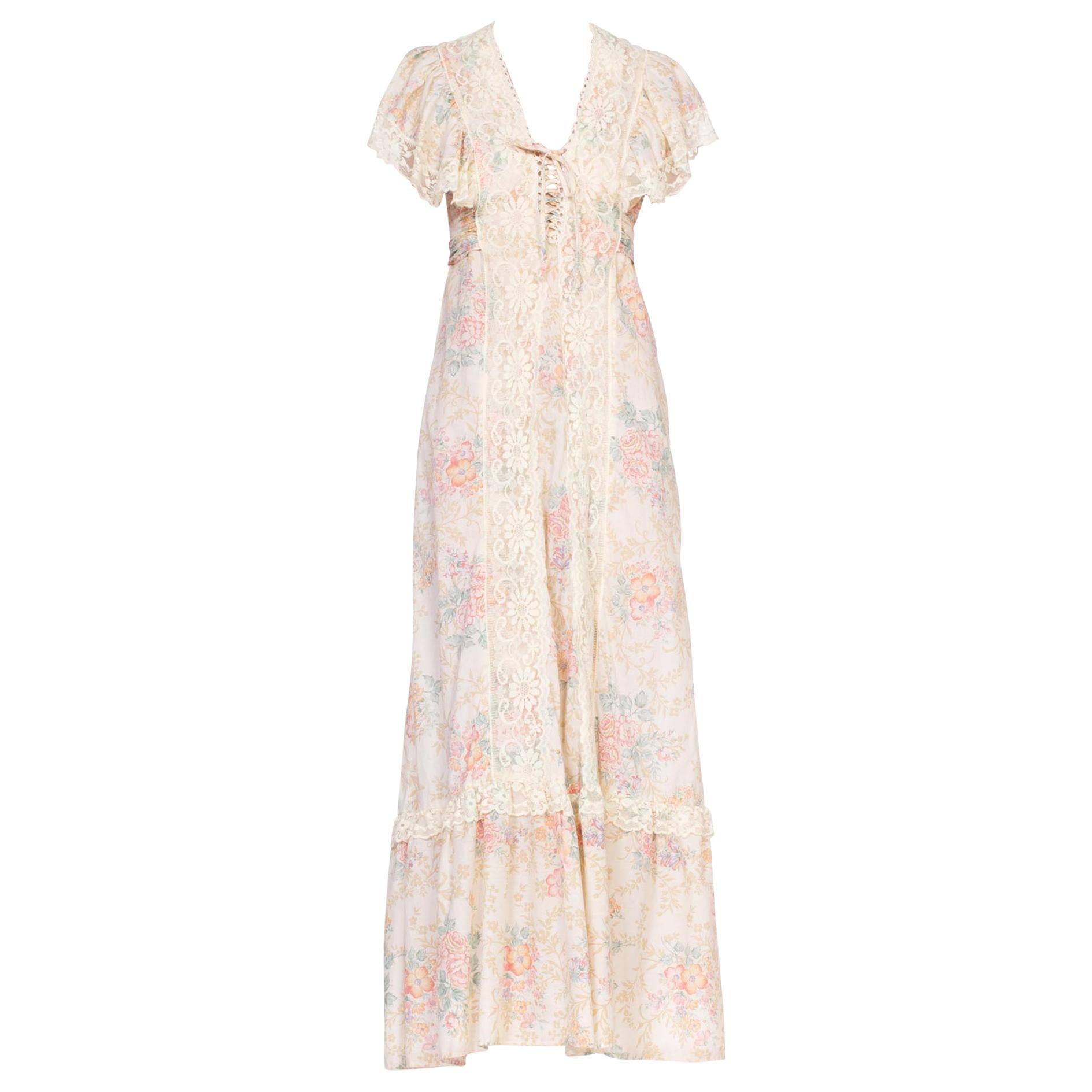 1970's Victorian Floral Cotton & Lace Dress