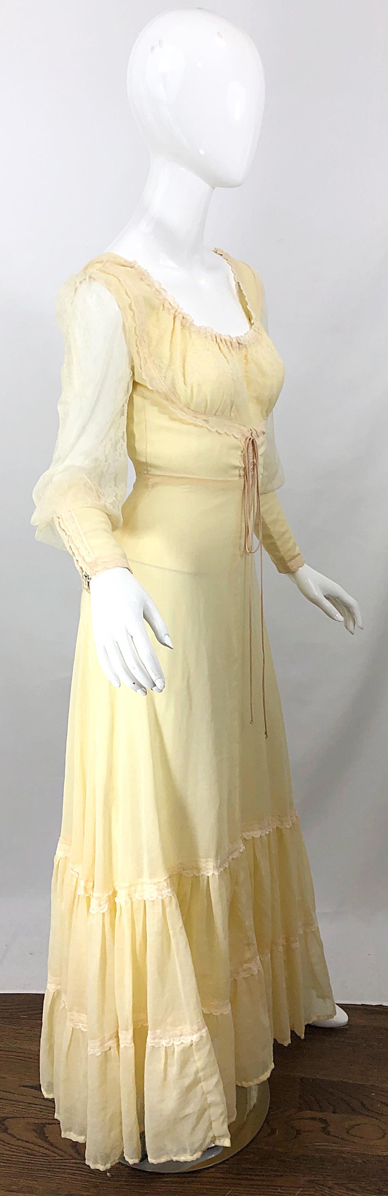 1970s Victorian Inspired Pale Yellow Cotton Voile + Lace Peasant 70s Maxi Dress For Sale 2