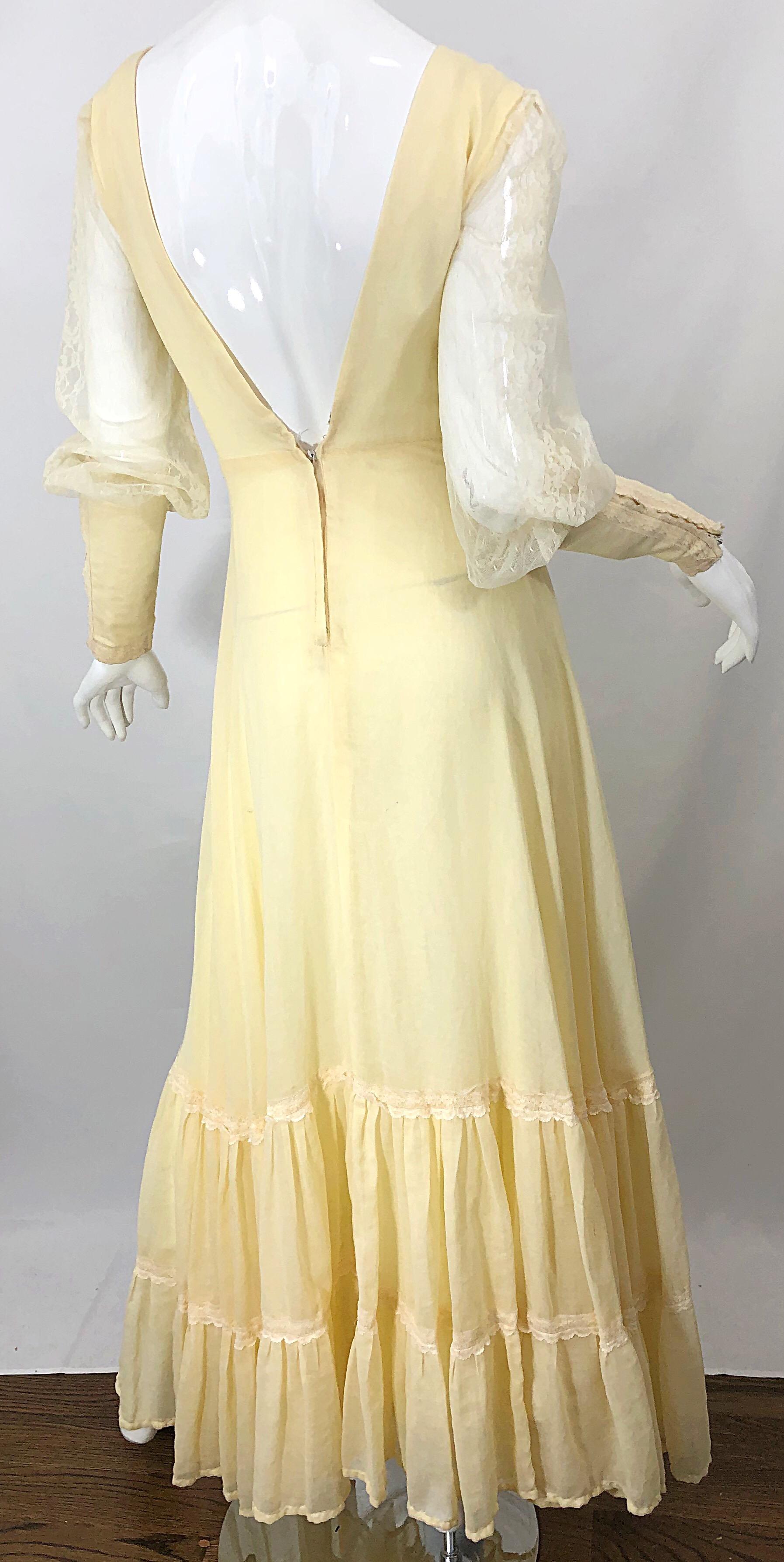 1970s Victorian Inspired Pale Yellow Cotton Voile + Lace Peasant 70s Maxi Dress For Sale 3