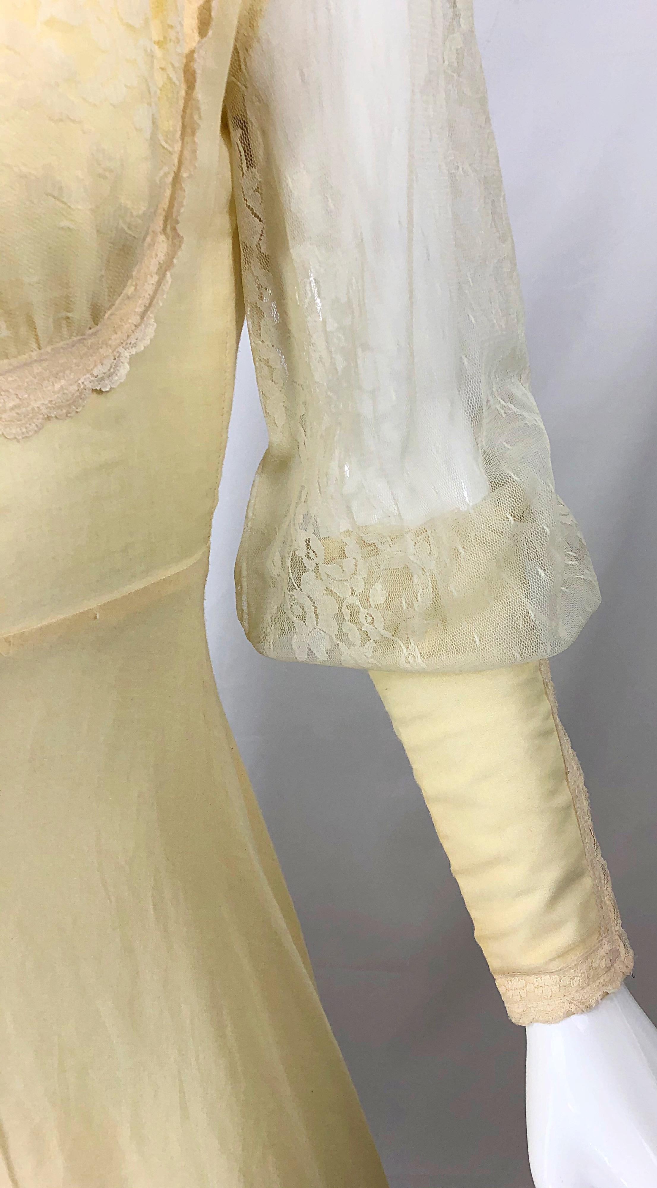 1970s Victorian Inspired Pale Yellow Cotton Voile + Lace Peasant 70s Maxi Dress For Sale 4