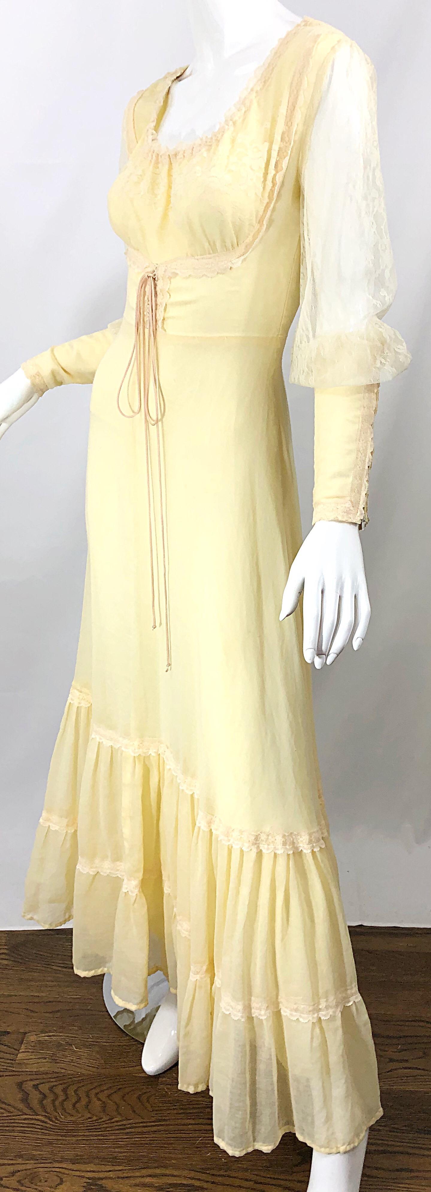 1970s Victorian Inspired Pale Yellow Cotton Voile + Lace Peasant 70s Maxi Dress For Sale 5