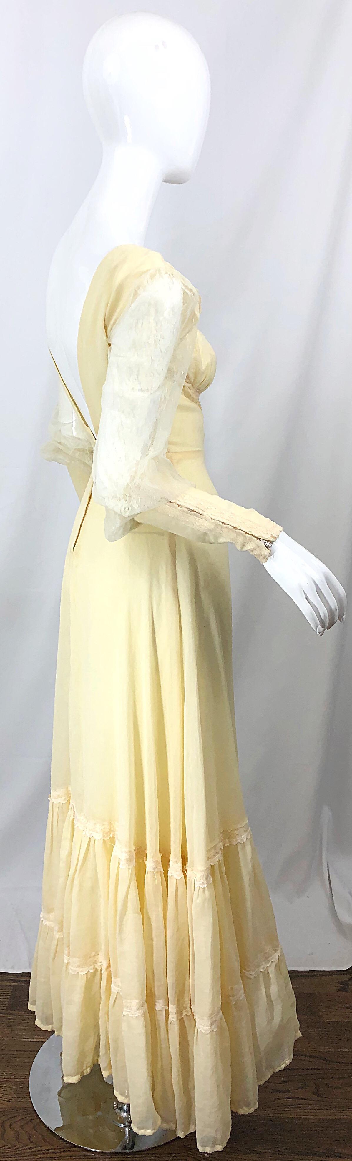 1970s Victorian Inspired Pale Yellow Cotton Voile + Lace Peasant 70s Maxi Dress For Sale 6