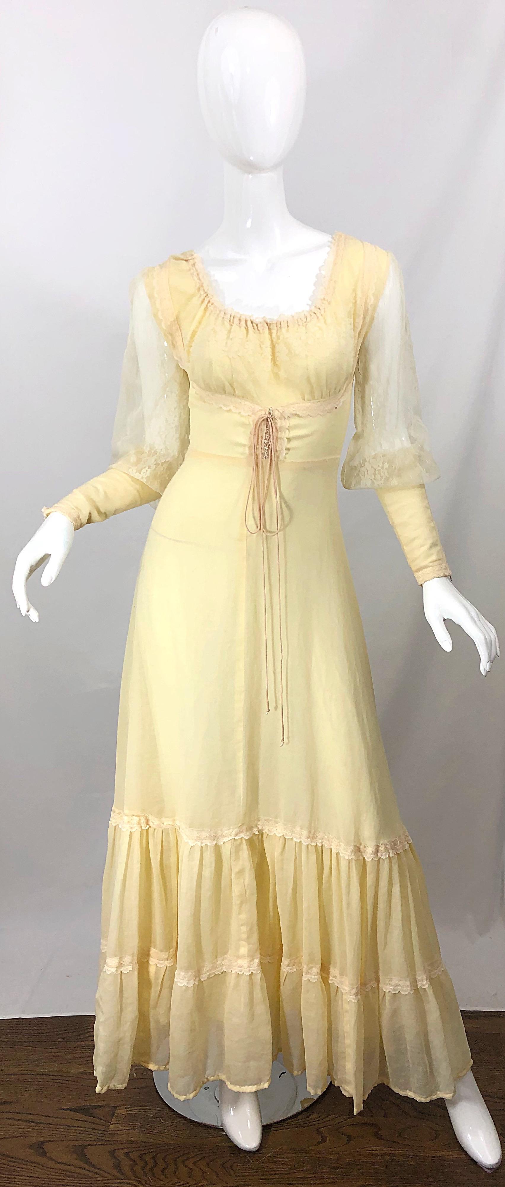 1970s Victorian Inspired Pale Yellow Cotton Voile + Lace Peasant 70s Maxi Dress For Sale 7