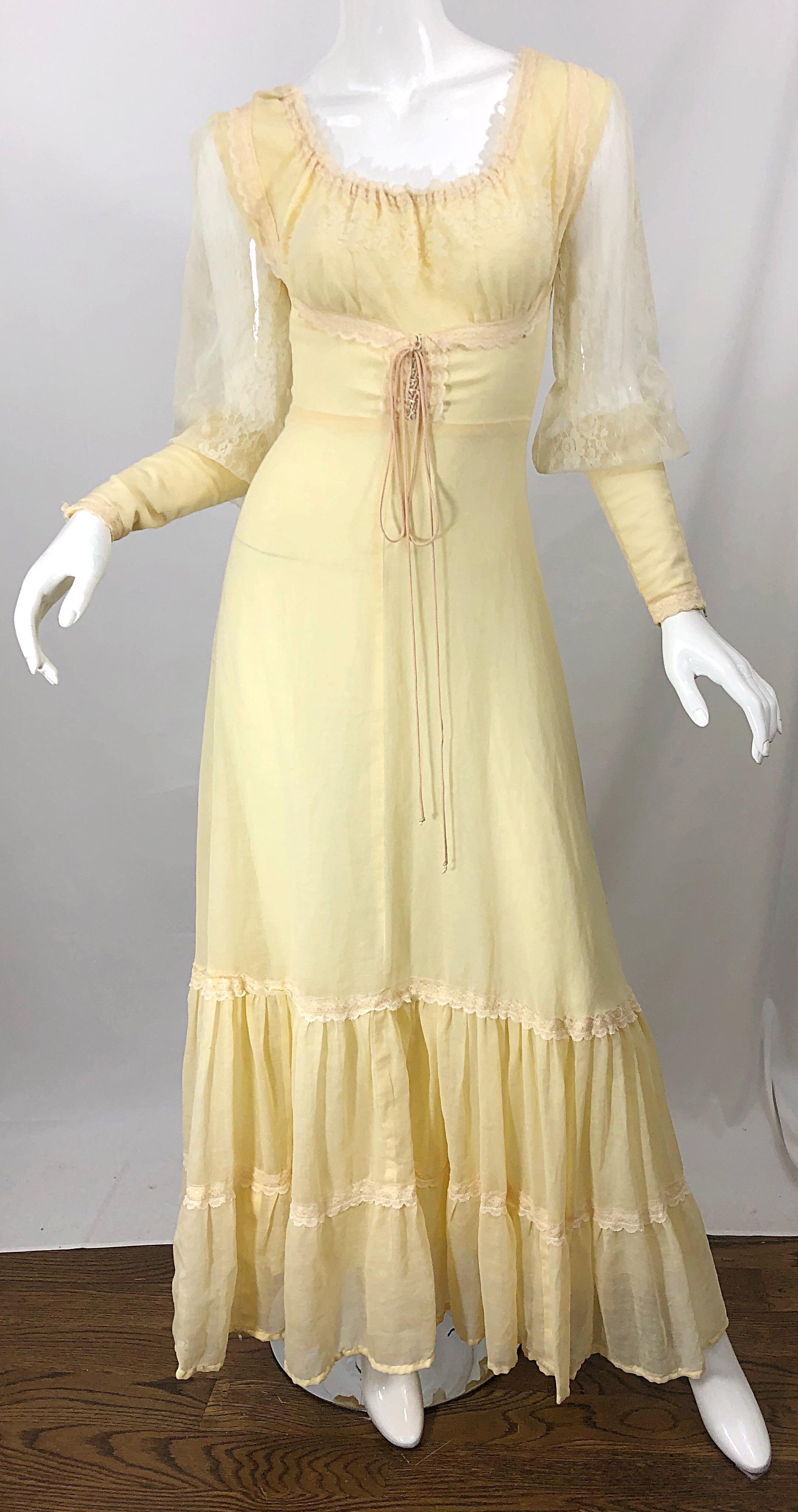 1970s Victorian Inspired Pale Yellow Cotton Voile + Lace Peasant 70s Maxi Dress For Sale 8