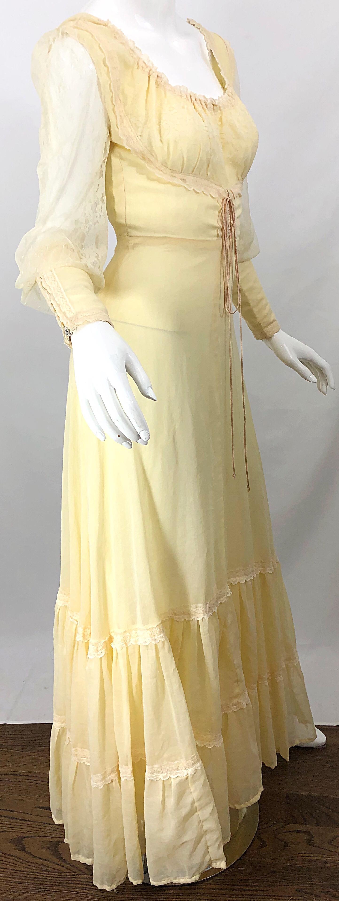 Beige 1970s Victorian Inspired Pale Yellow Cotton Voile + Lace Peasant 70s Maxi Dress For Sale
