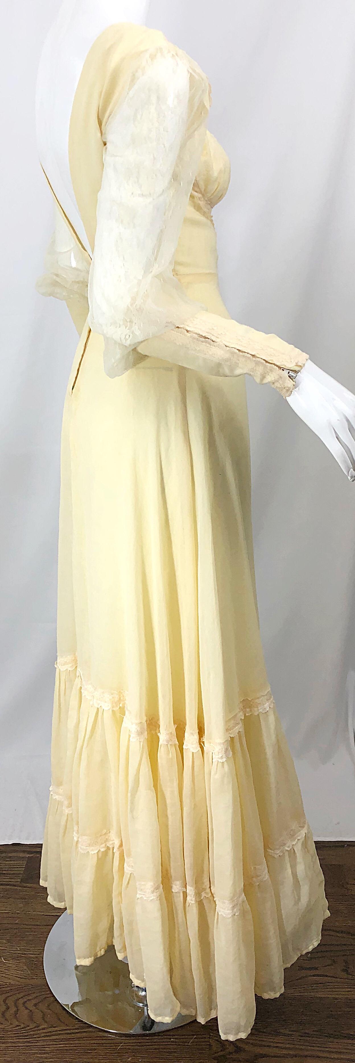 1970s Victorian Inspired Pale Yellow Cotton Voile + Lace Peasant 70s Maxi Dress In Excellent Condition For Sale In San Diego, CA