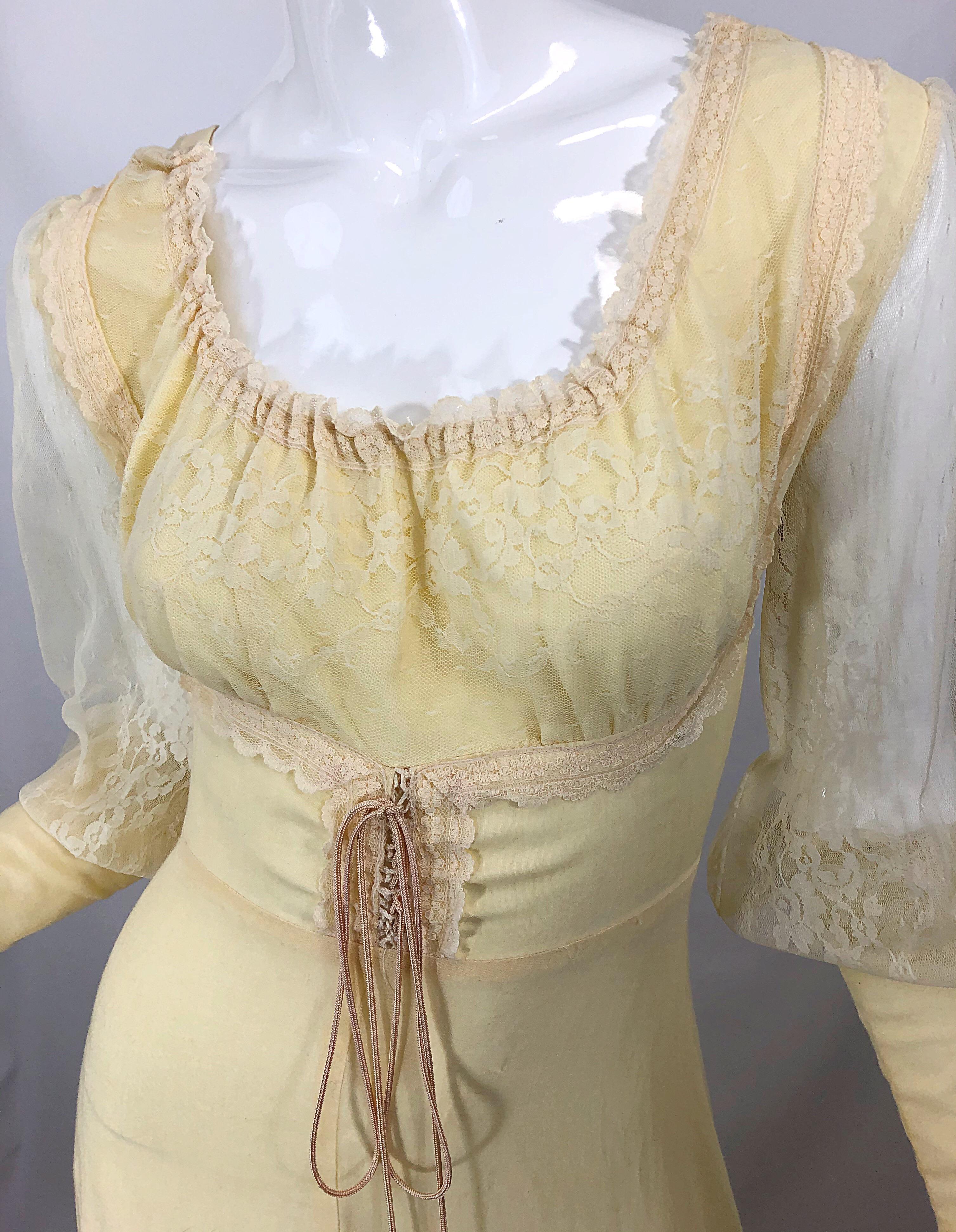 Women's 1970s Victorian Inspired Pale Yellow Cotton Voile + Lace Peasant 70s Maxi Dress For Sale