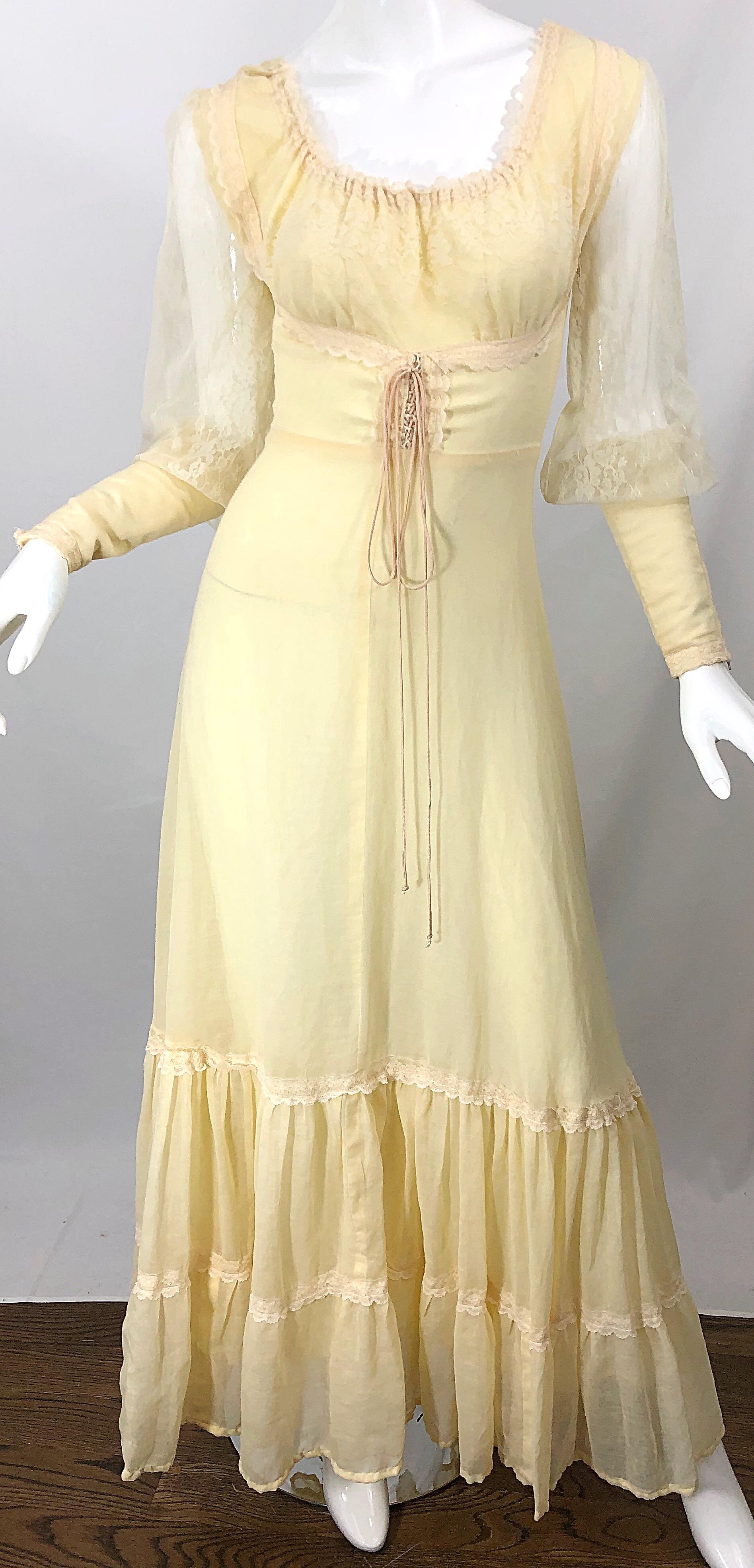 1970s Victorian Inspired Pale Yellow Cotton Voile + Lace Peasant 70s Maxi Dress For Sale 1