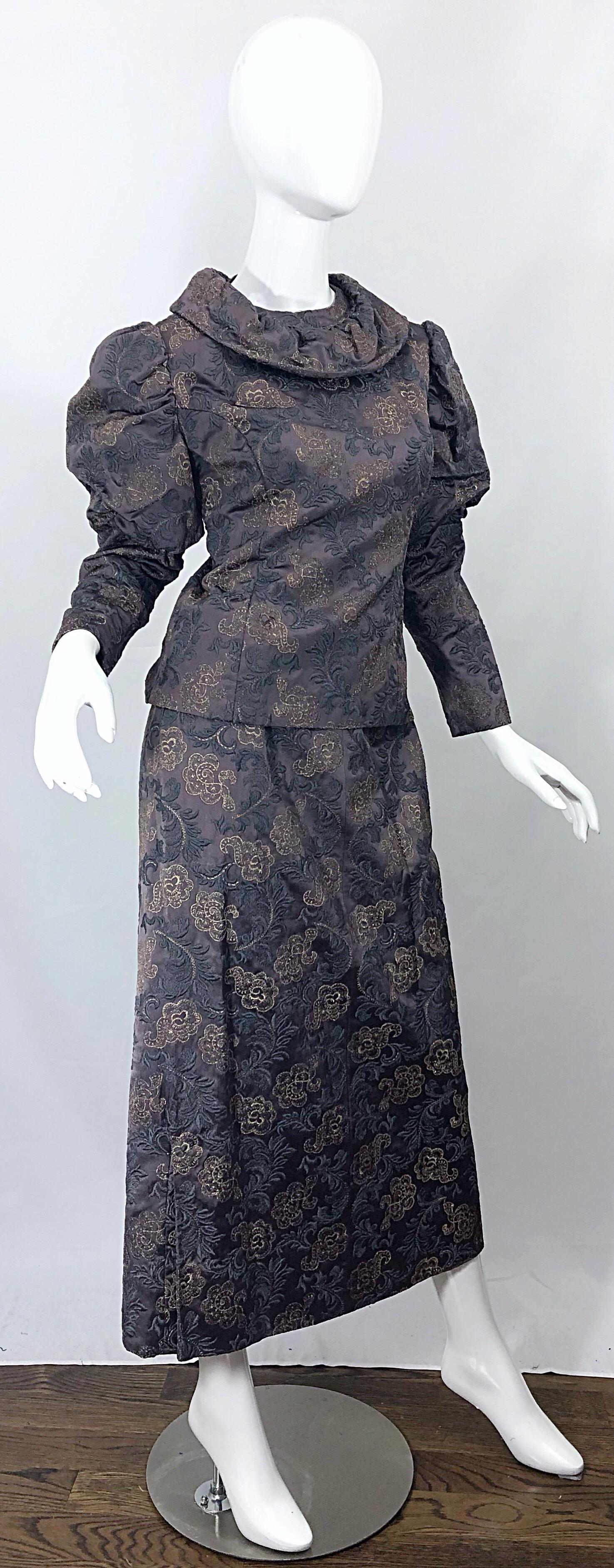 1970s Victorian Inspired Silk Brocade Taupe + Grey 70s Vintage Dress Ensemble For Sale 6