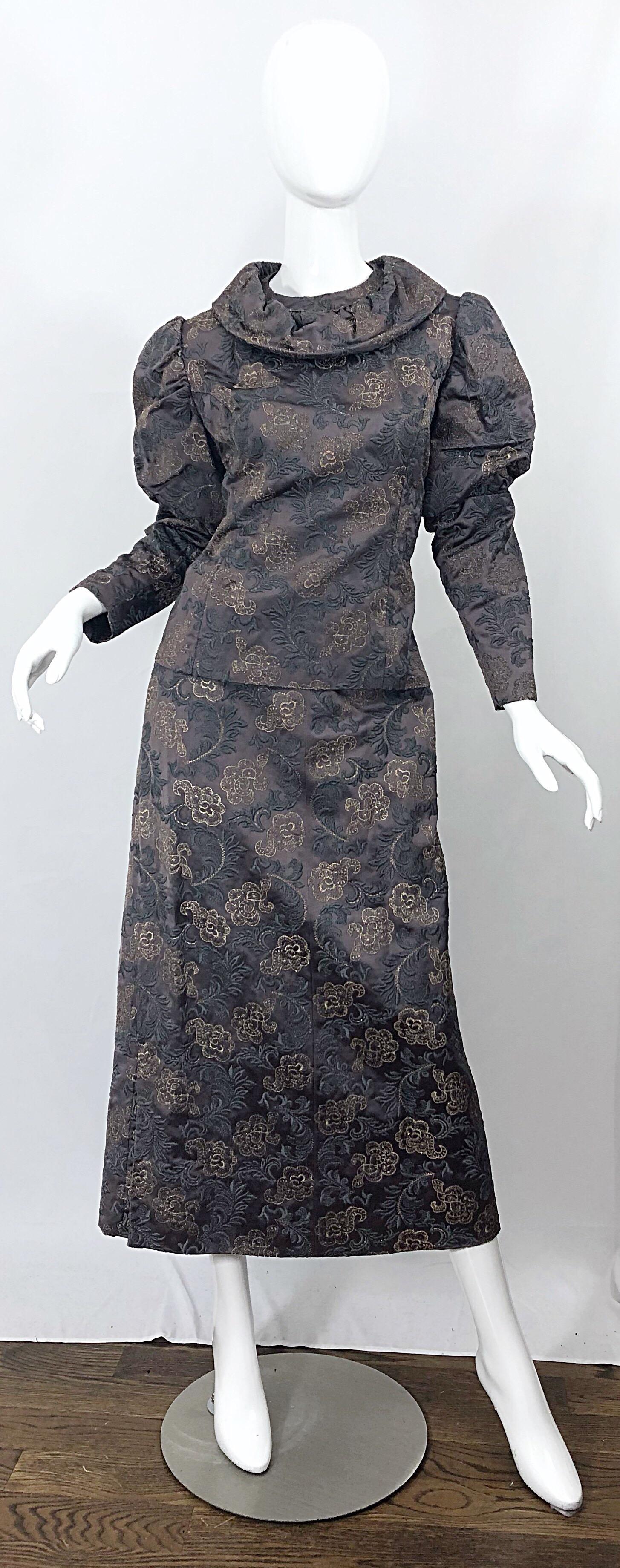 1970s Victorian Inspired Silk Brocade Taupe + Grey 70s Vintage Dress Ensemble For Sale 7