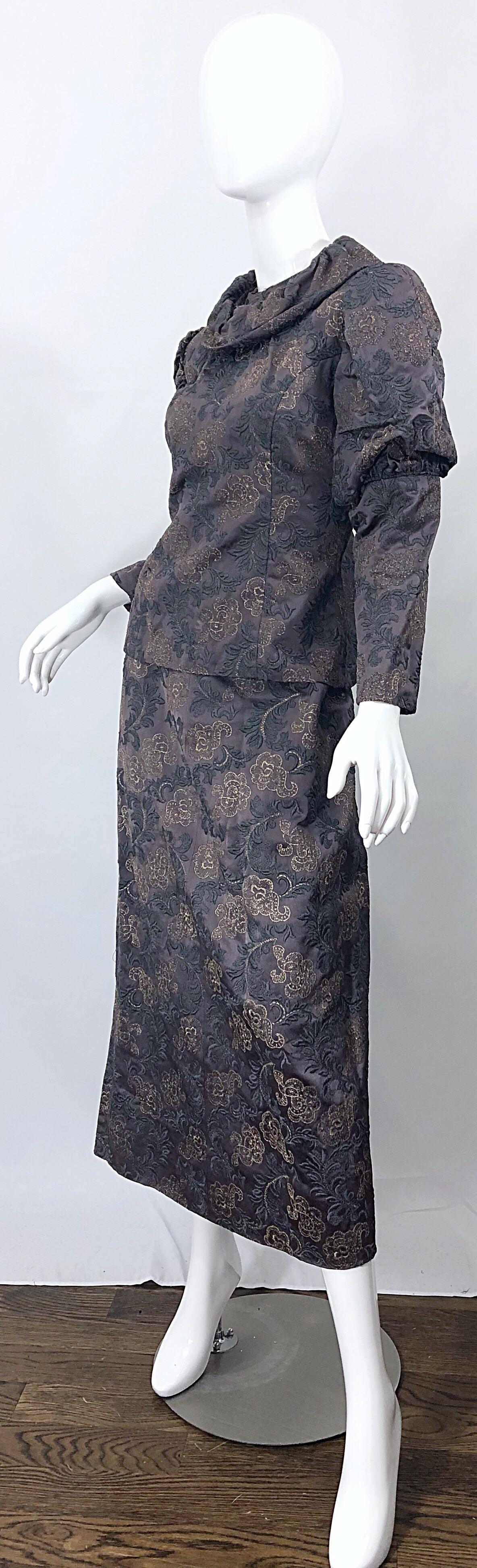 Black 1970s Victorian Inspired Silk Brocade Taupe + Grey 70s Vintage Dress Ensemble For Sale