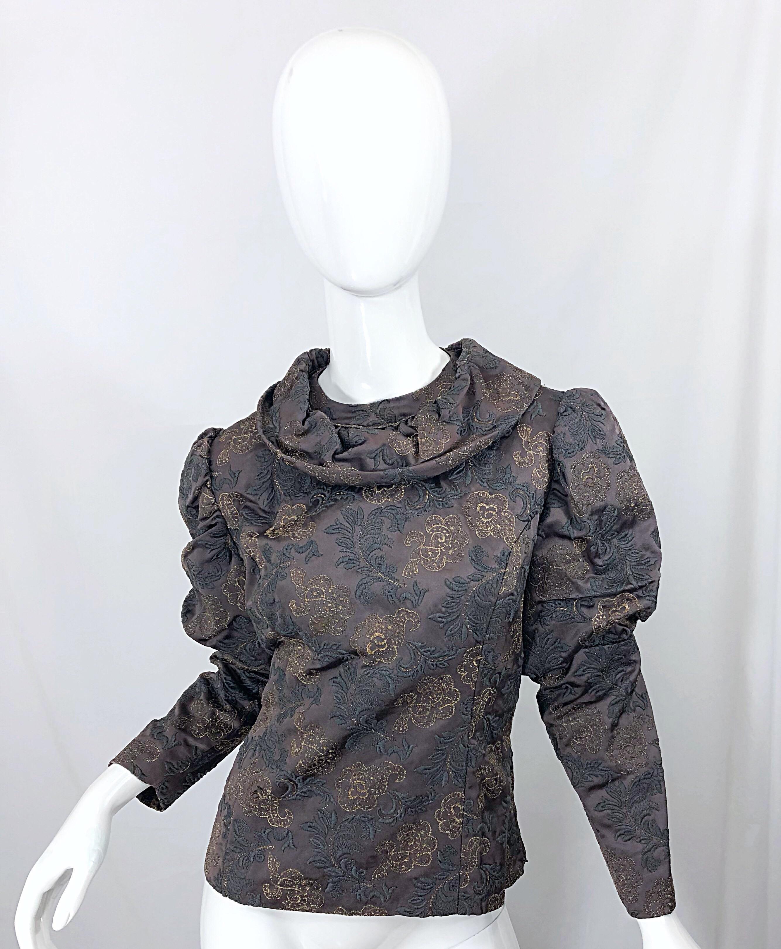 Women's 1970s Victorian Inspired Silk Brocade Taupe + Grey 70s Vintage Dress Ensemble For Sale