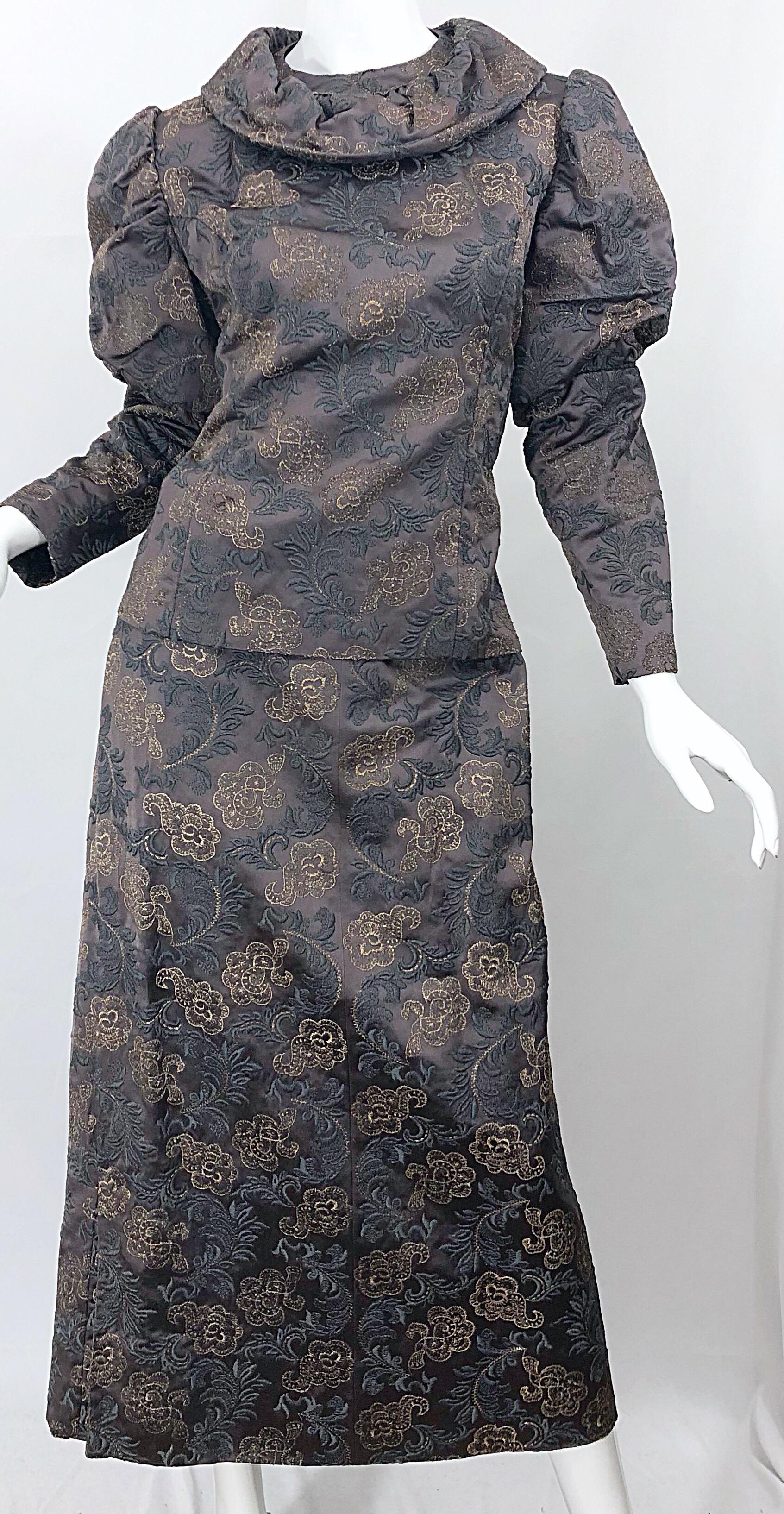 1970s Victorian Inspired Silk Brocade Taupe + Grey 70s Vintage Dress Ensemble For Sale 1