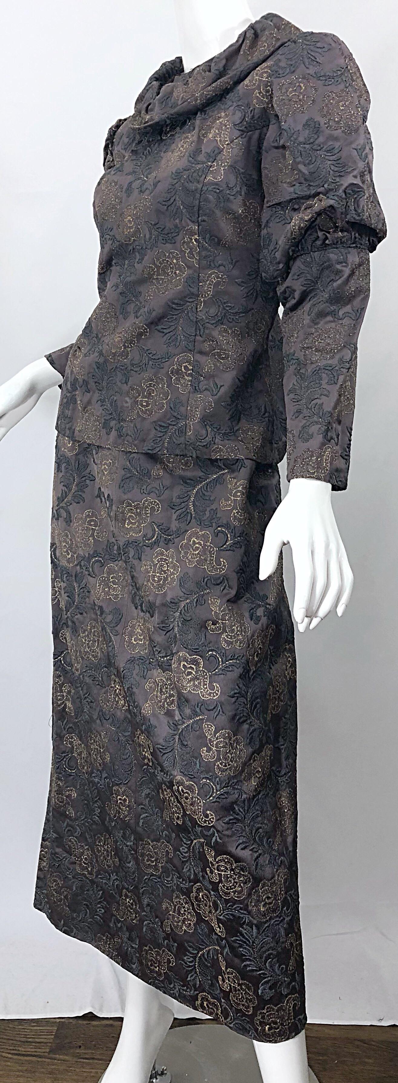 1970s Victorian Inspired Silk Brocade Taupe + Grey 70s Vintage Dress Ensemble For Sale 2