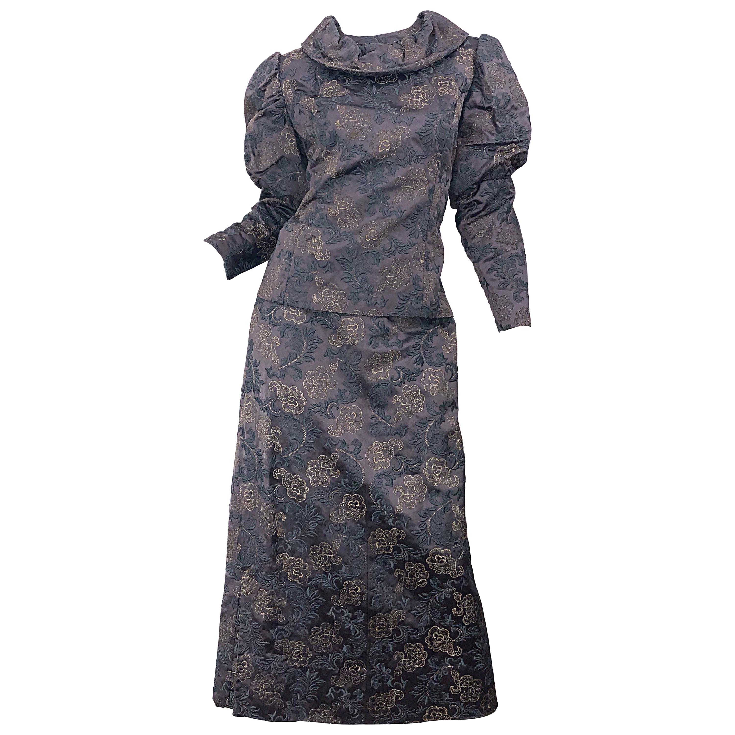 1970s Victorian Inspired Silk Brocade Taupe + Grey 70s Vintage Dress Ensemble