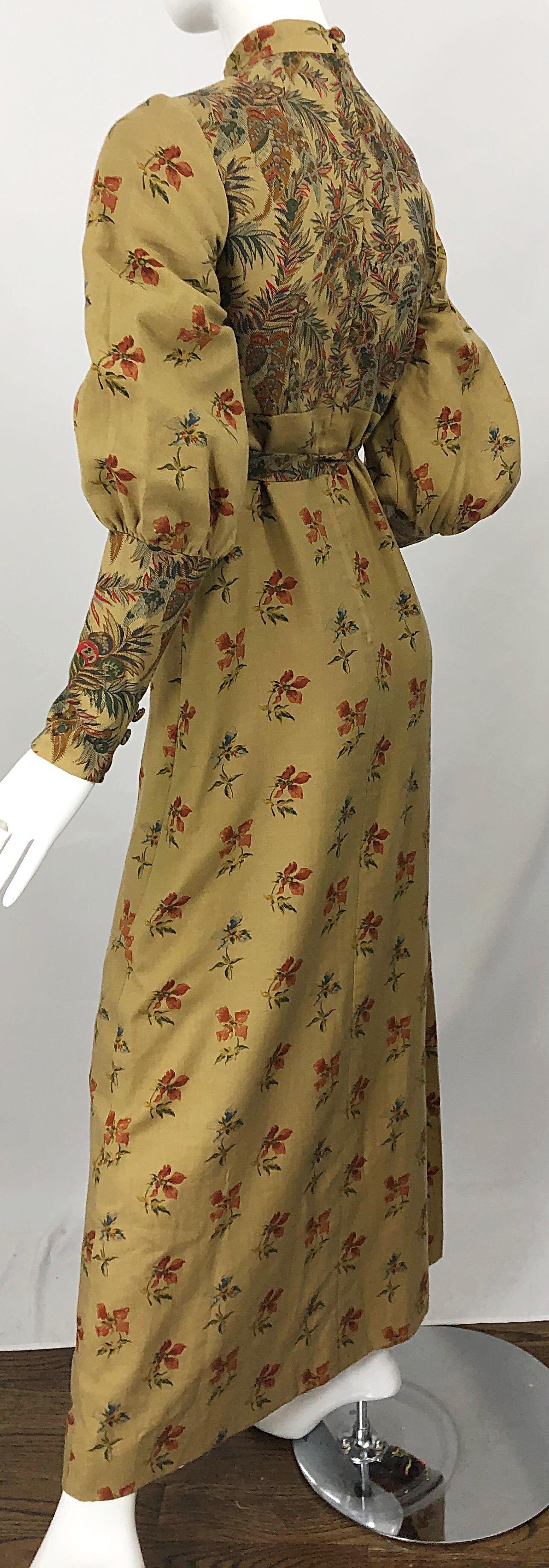 1970s Victorian Inspired Wool Challis Autumnal Fall Vintage 70s Maxi Dress For Sale 2