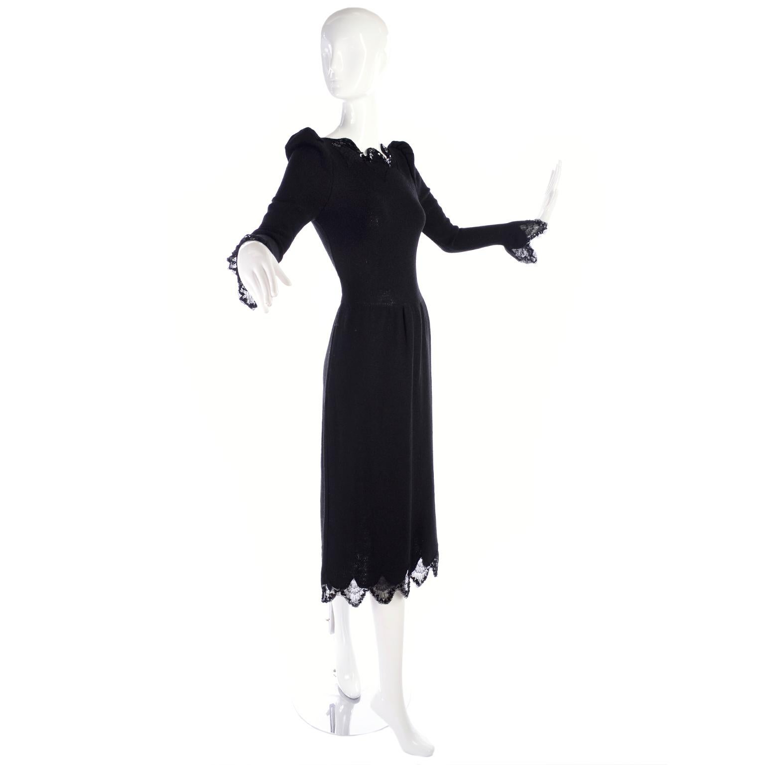 This lovely 1970's vintage black knit Adolfo dress was inspired by the 70's Victorian fashion revival but it is so modern right now! We love the lace trim at the neckline, cuffs, and hemline that are accented with sequins.  We estimate this to fit a