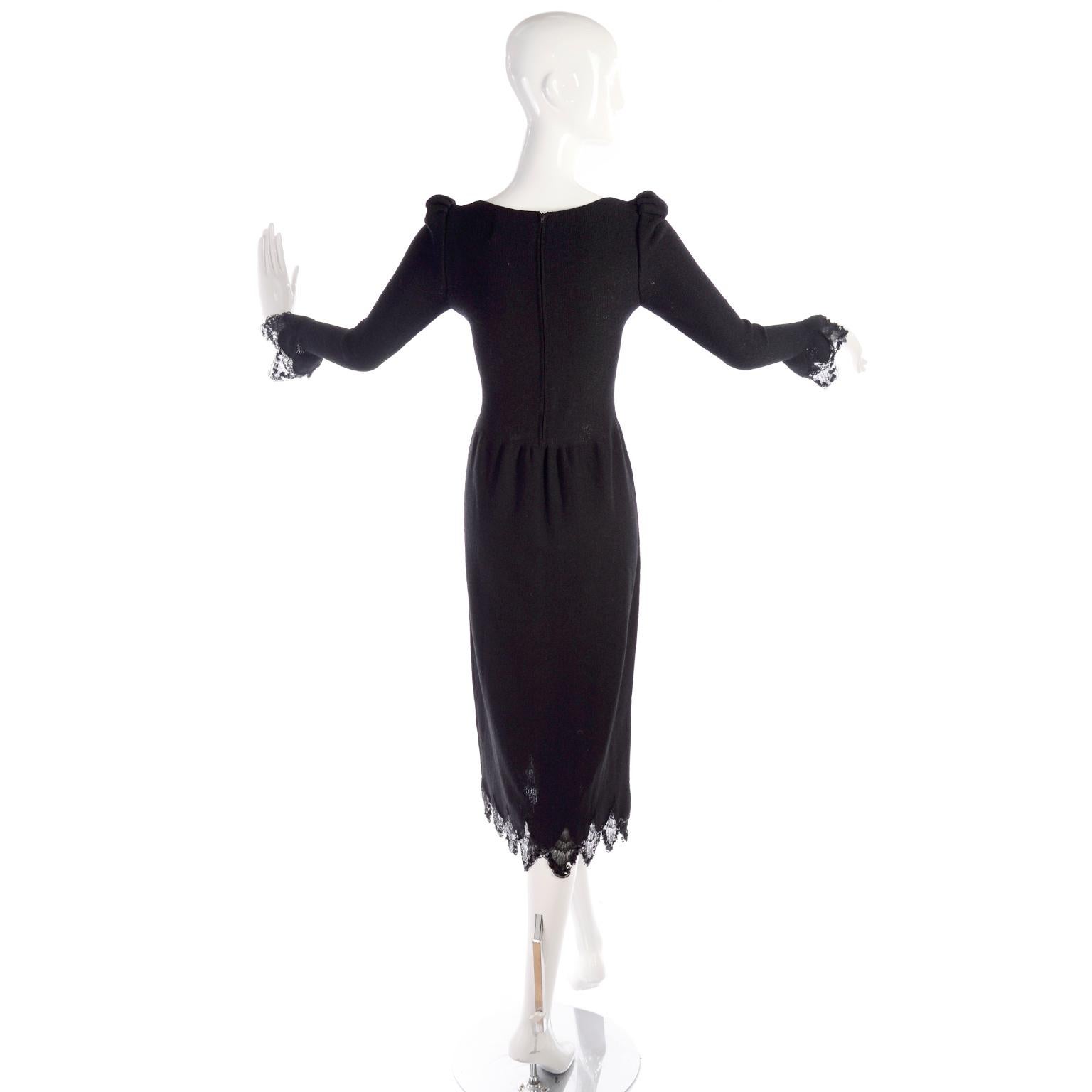 1970s Victorian Revive Adolfo Vintage Black Dress With Lace & Sequin Trim Pour femmes en vente
